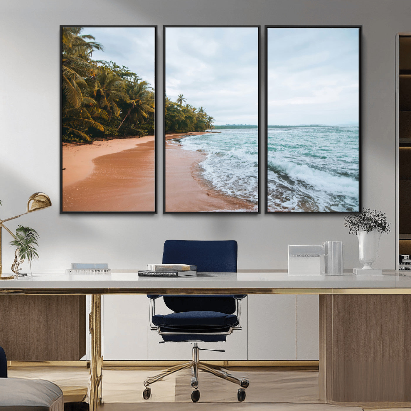 88125882-MGV-CV-36X24-Tropical Shoreline Wall Art Canvas Print, Framed Palm Trees Art Picture Print, Tropical Ocean Perfect Tropical Coastal Decor