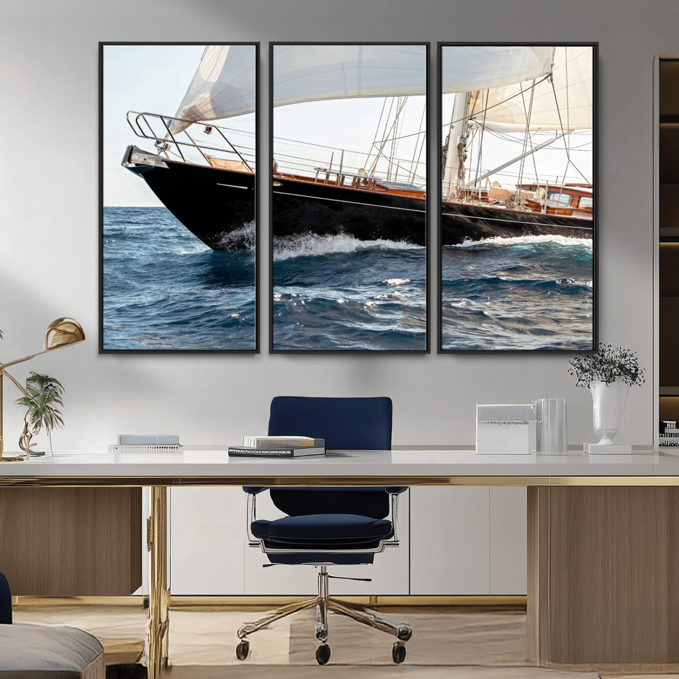 97168626-MGV-CV-36X24-Sailing Yacht Wall Art Canvas Print, Framed Wooden Yacht Art Picture Print, Ocean Waves Perfect Nautical Coastal Decor Artwork
