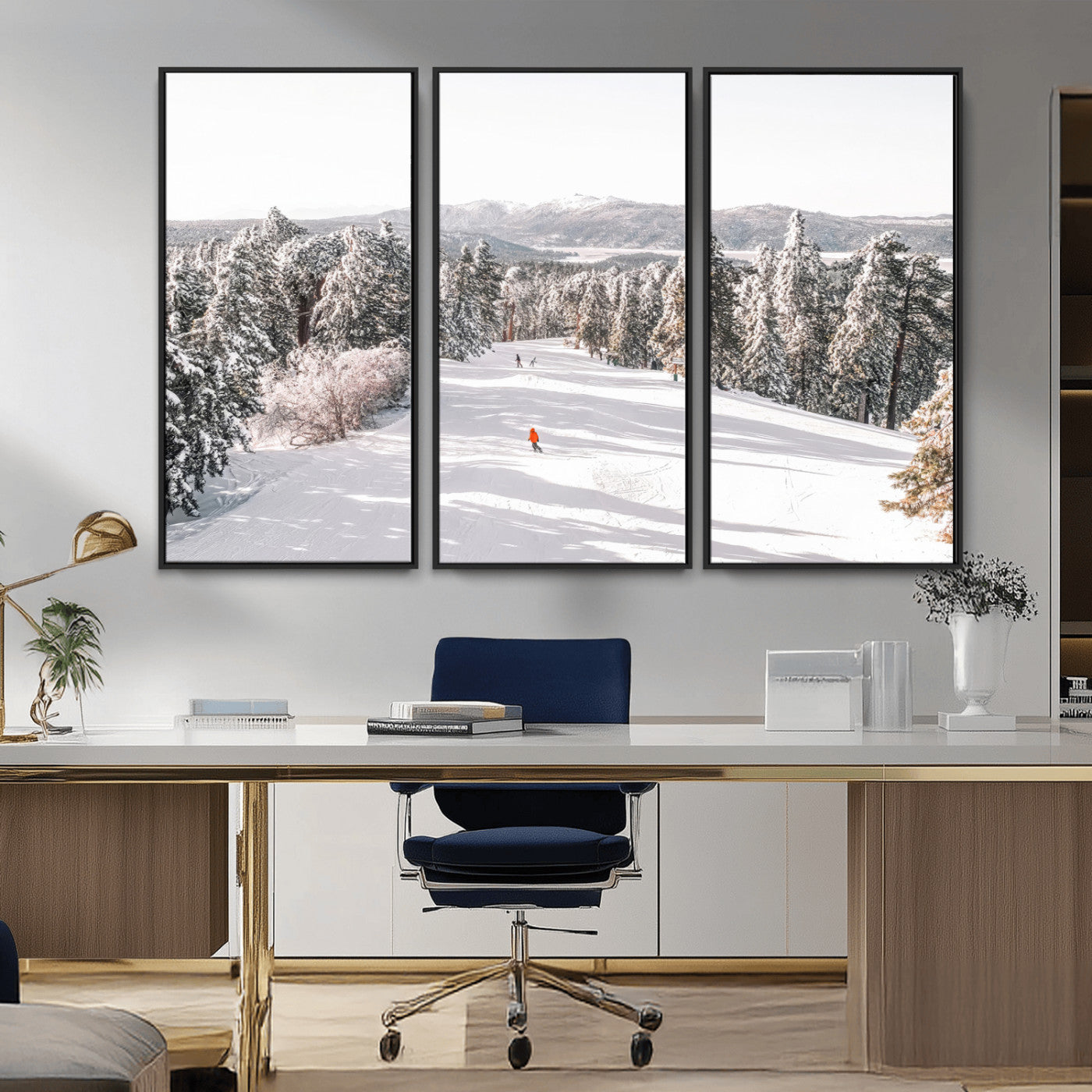 62119206-MGV-CV-36X24-Snowy Trail Wall Art Canvas Print, Framed Ski Slope Art Picture Print, Winter Pines Perfect Alpine Adventure Decor Artwork