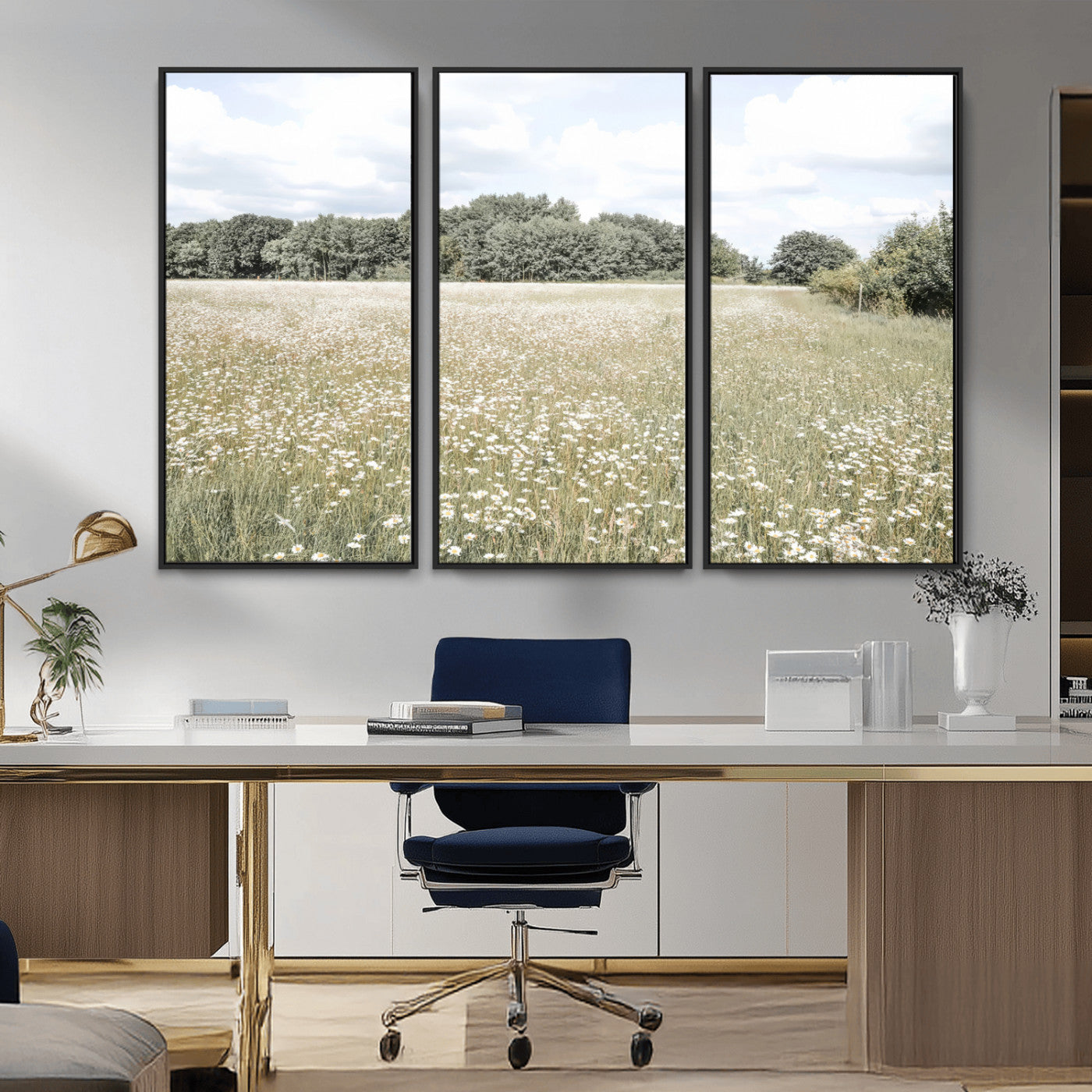 43258946-MGV-CV-36X24-Daisy Field Wall Art Canvas Print, Framed Pastel Flower Art Picture Print, Meadow Bloom Perfect Scandinavian Minimalist Decor