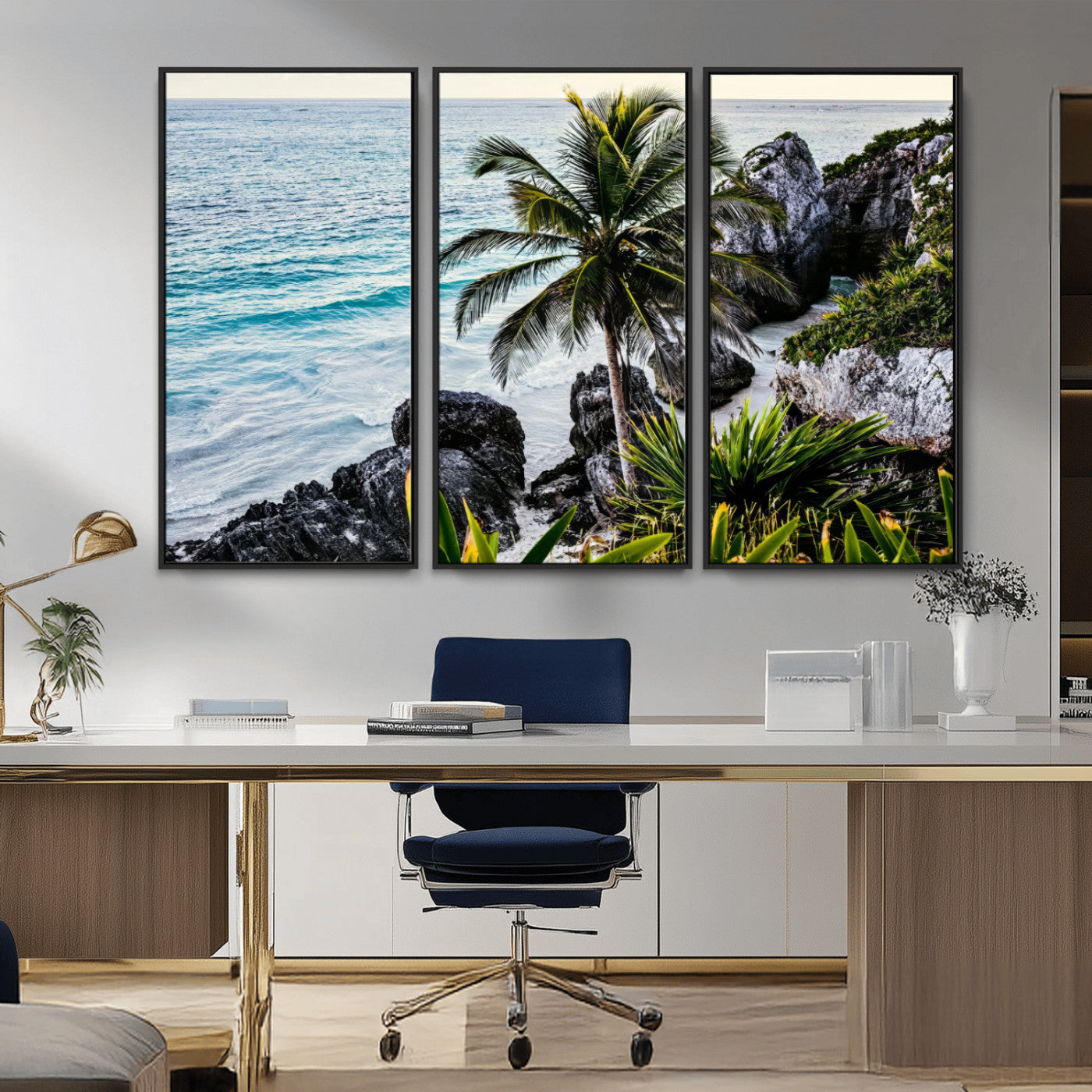 94669907-MGV-FC-48X32-3P_Black-Tropical Coastline Wall Art Canvas Print, Framed Palm Tree Art Picture Print, Rocky Beach Perfect Tropical Coastal Decor Artwork