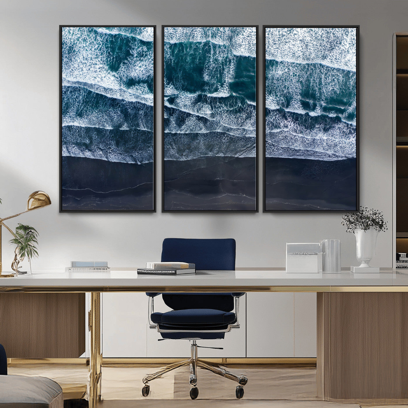 87941475-MGV-CV-36X24-Black Beach Wall Art Canvas Print, Framed Aerial Ocean Art Picture Print, Moody Coastal Perfect Modern Coastal Decor Artwork