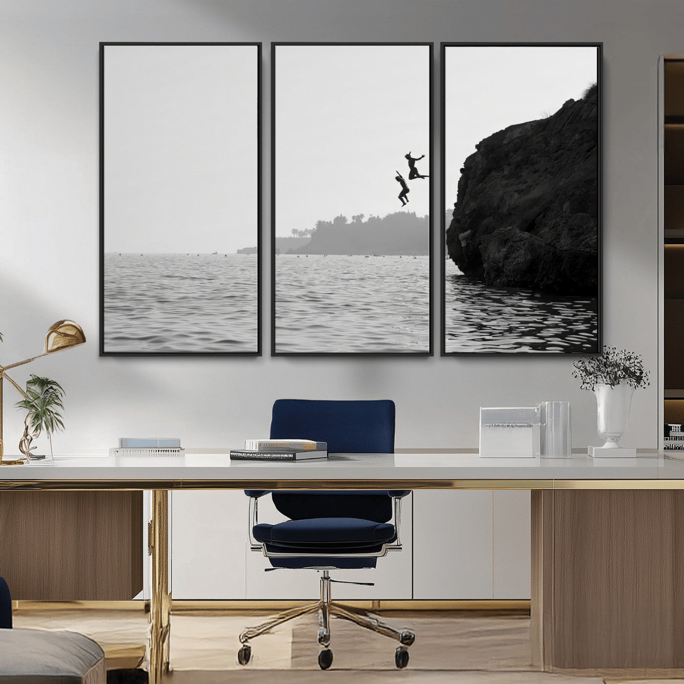 52284302-MGV-CV-36X24-Cliff Jumping Wall Art Canvas Print, Framed Ocean Adventure Art Picture Print, Black White Coast Perfect Modern Coastal Decor