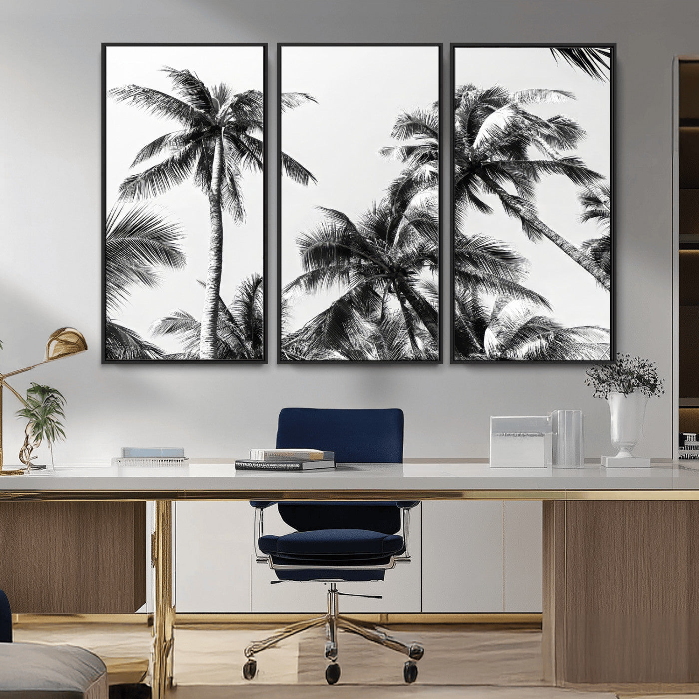46641801-MGV-CV-36X24-Palm Tree Wall Art Canvas Print, Framed Black White Tropics Art Picture Print, Monochrome Palms Perfect Modern Tropical Minimalist