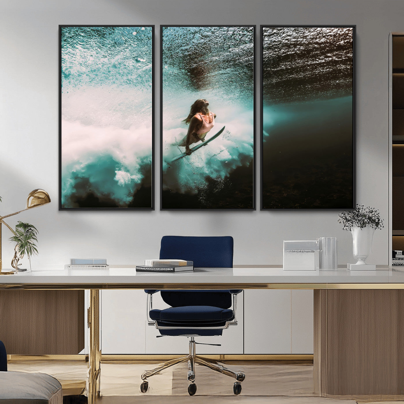85923512-MGV-FC-48X32-3P_Black-Aquatic Motion Wall Art Canvas Print, Framed Underwater Swimming Art Picture Print, Female Surfer Diving Perfect Coastal Boho