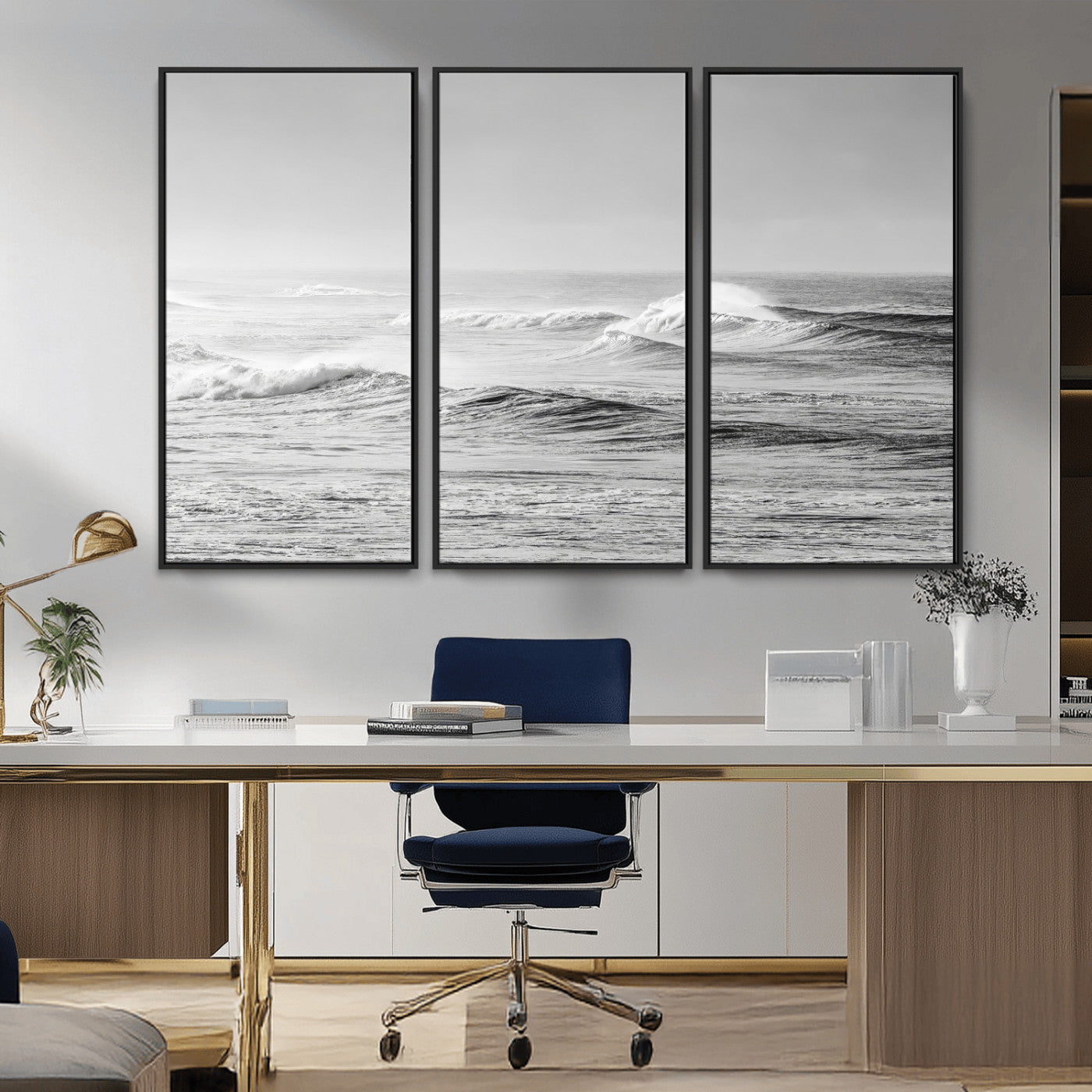 98634812-MGV-CV-36X24-Black and White Ocean Waves Wall Art – Minimalist Sea Canvas Print, Coastal Photography Decor for Living Room, Bedroom or Office