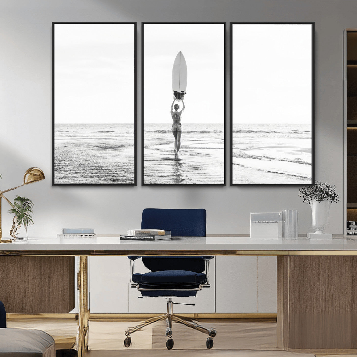 98446901-MGV-CV-36X24-Monochrome Surf Wall Art Canvas Print, Framed Minimalist Surfer Art Picture Print, Surfboard Silhouette Perfect Coastal Minimalist