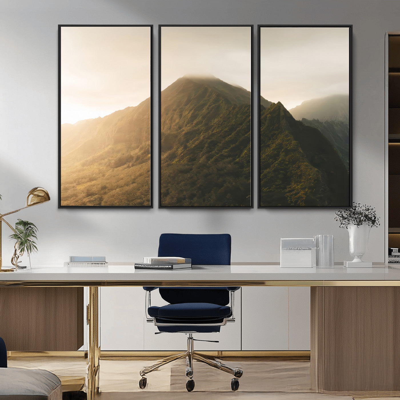 42338636-MGV-CV-36X24-Golden Mountain Wall Art Canvas Print, Framed Misty Summit Art Picture Print, Rugged Landscape Perfect Moody Wilderness Decor