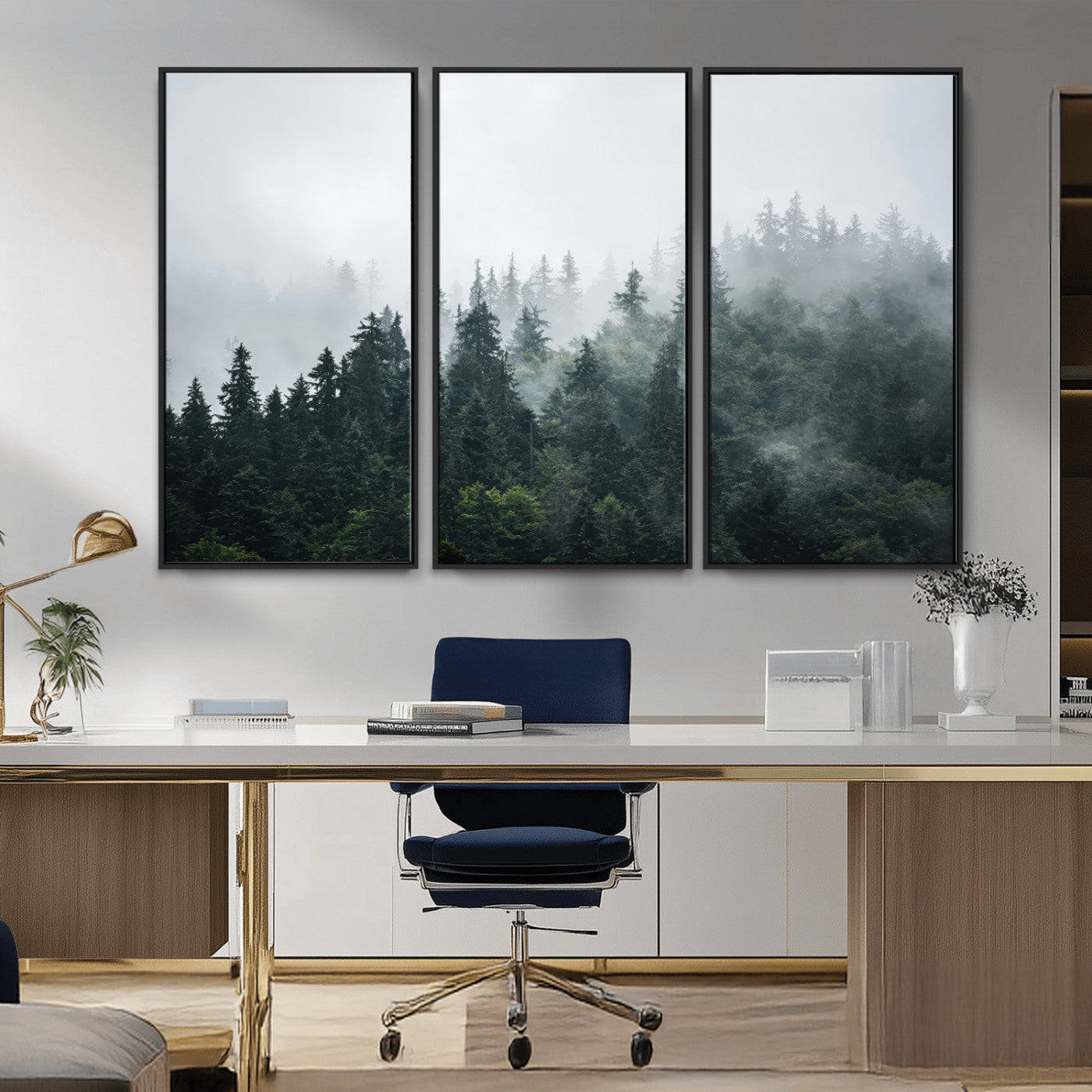 84146572-MGV-CV-36X24-Foggy Pine Trees Wall Art Canvas Print, Framed Forest Nature Art Picture Print, Evergreen Forest Perfect Scandinavian Minimalist