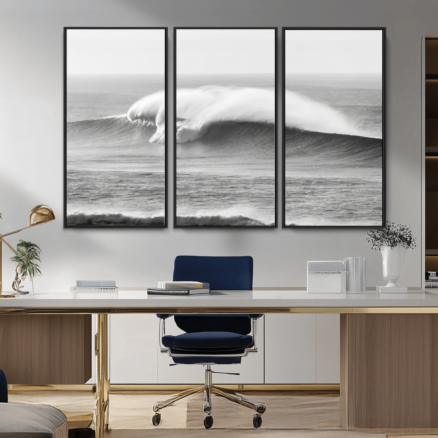 42544082-MGV-CV-36X24-Monochrome Seascape Wall Art Canvas Print, Framed Surf Wave Art Picture Print, Minimalist Ocean Perfect Moody Coastal Decor