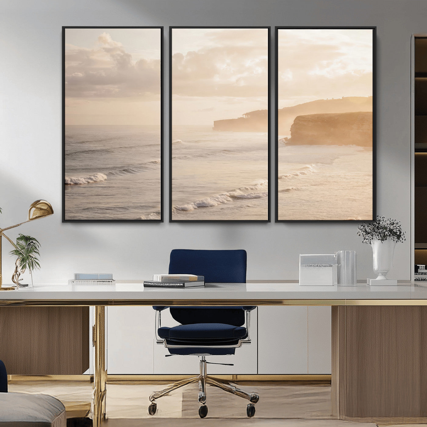 57669769-MGV-CV-36X24-Misty Coastal Wall Art Canvas Print, Framed Golden Sunset Art Picture Print, Serene Shoreline Perfect Tranquil Coastal Decor