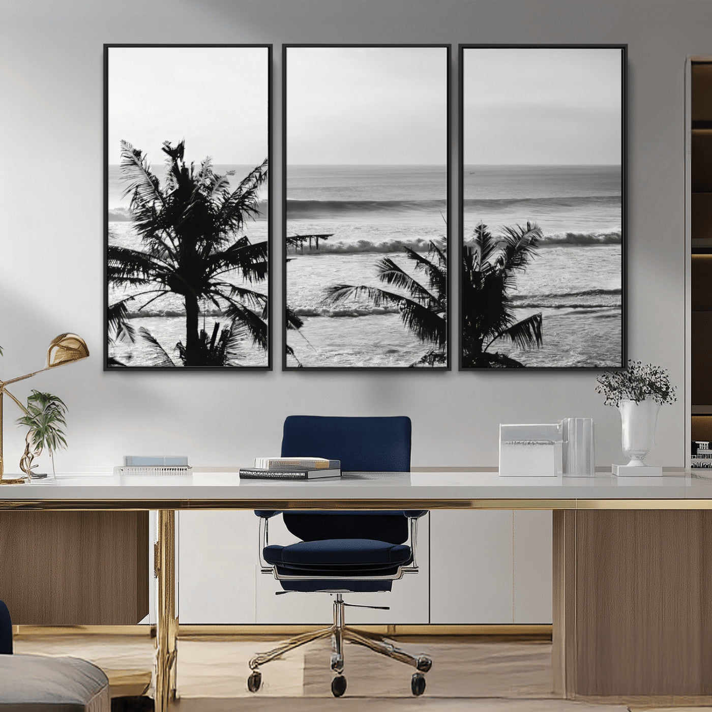 17508038-MGV-CV-36X24-Tropical Coastline Wall Art Canvas Print, Framed Palm Trees Art Picture Print, Ocean Waves Perfect Minimalist Coastal Decor