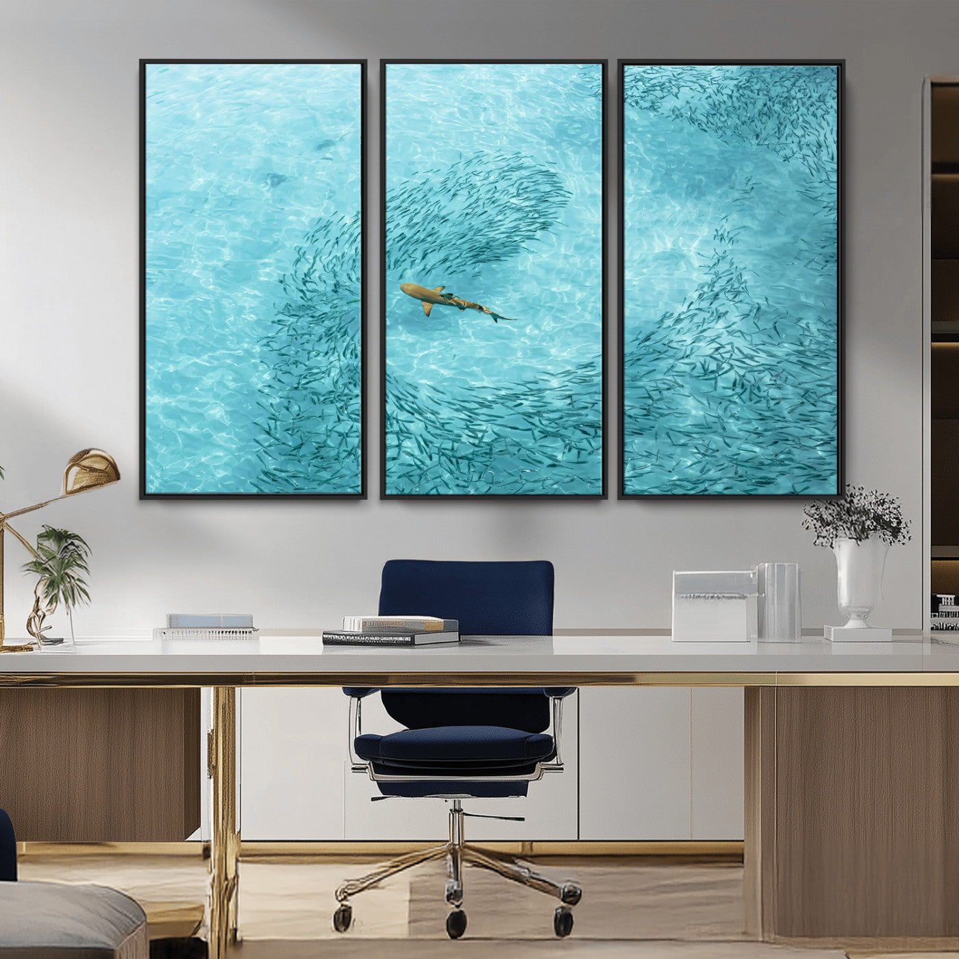 43671474-MGV-CV-36X24-Fish Swarm Wall Art Canvas Print, Framed Marine Life Art Picture Print, Shark Aerial Perfect Wildlife Coastal Decor Artwork