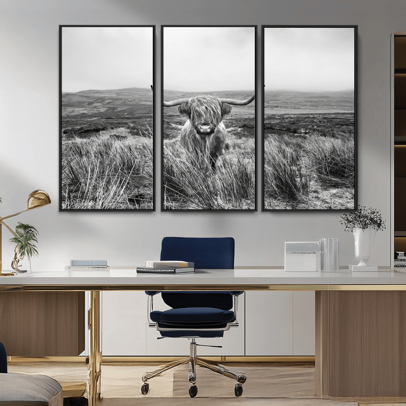 24051061-MGV-CV-36X24-Monochrome Highland Cow Wall Art Canvas Print, Framed Scottish Bull Art Picture Print, Lone Cattle Perfect Rustic Farmhouse Decor