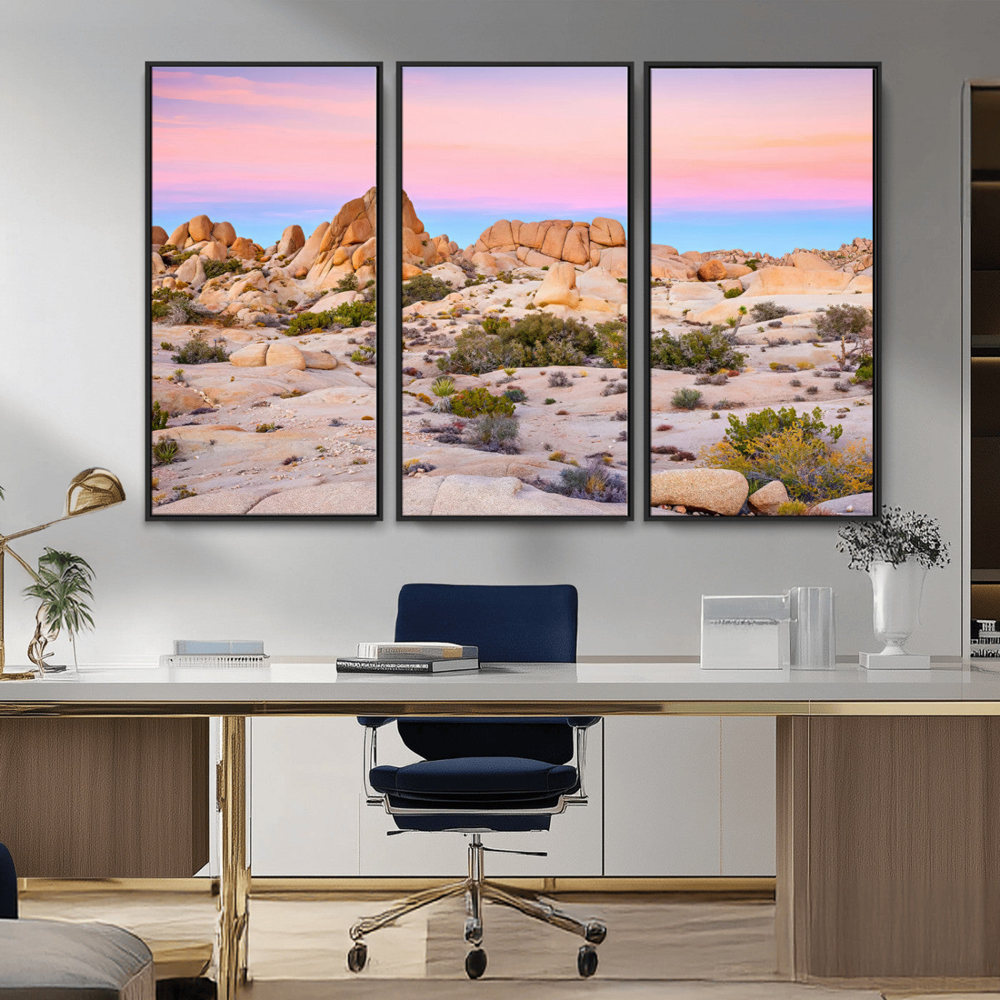 96167137-MGV-FC-48X32-3P_Black-Vibrant Sunset Sky Wall Art Canvas Print, Framed Joshua Tree Art Picture Print, Rugged Terrain Perfect Southwestern Boho Decor