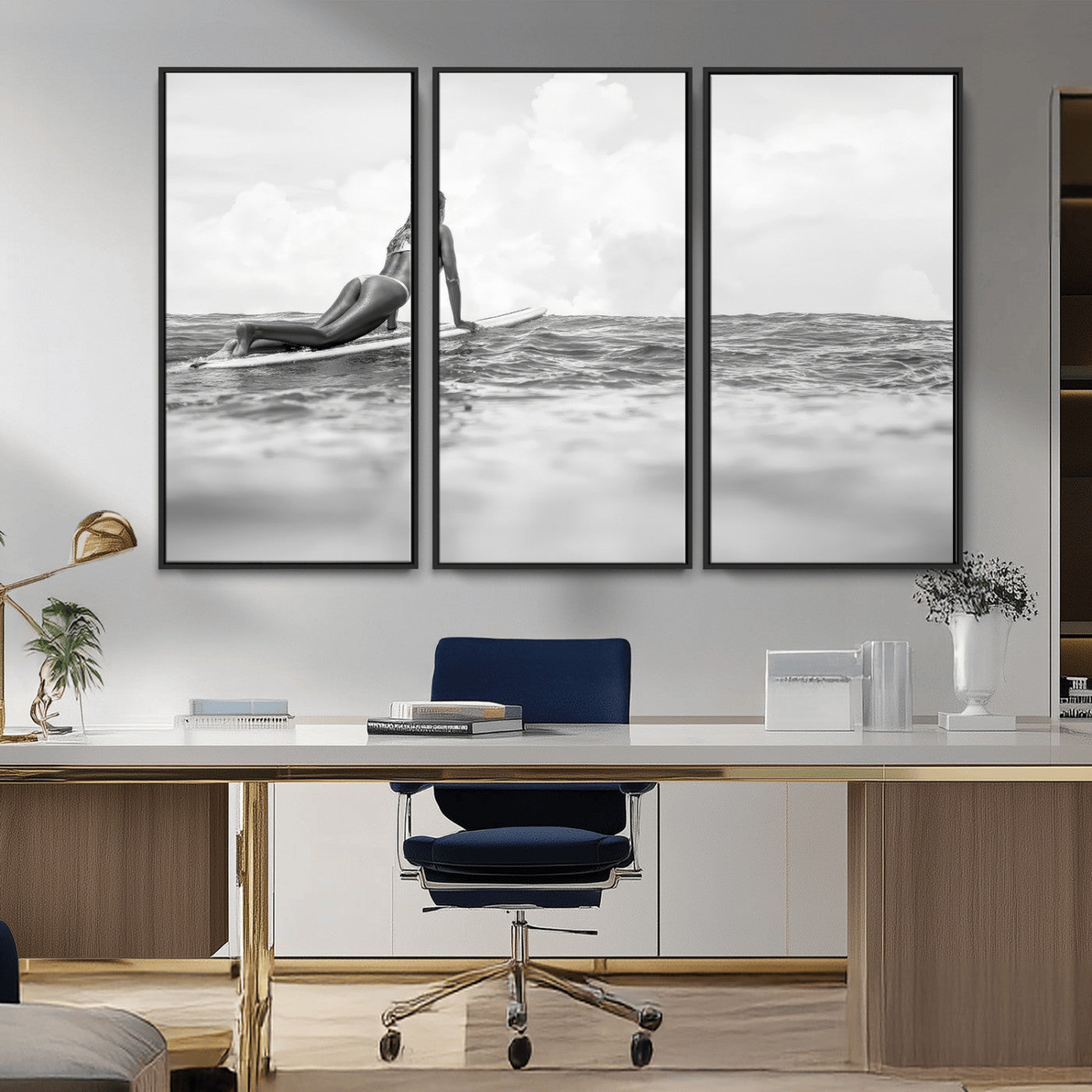 69798068-MGV-CV-36X24-Black White Surfing Wall Art Canvas Print, Framed Ocean Horizon Art Picture Print, Surfer Girl Perfect Coastal Adventure Decor