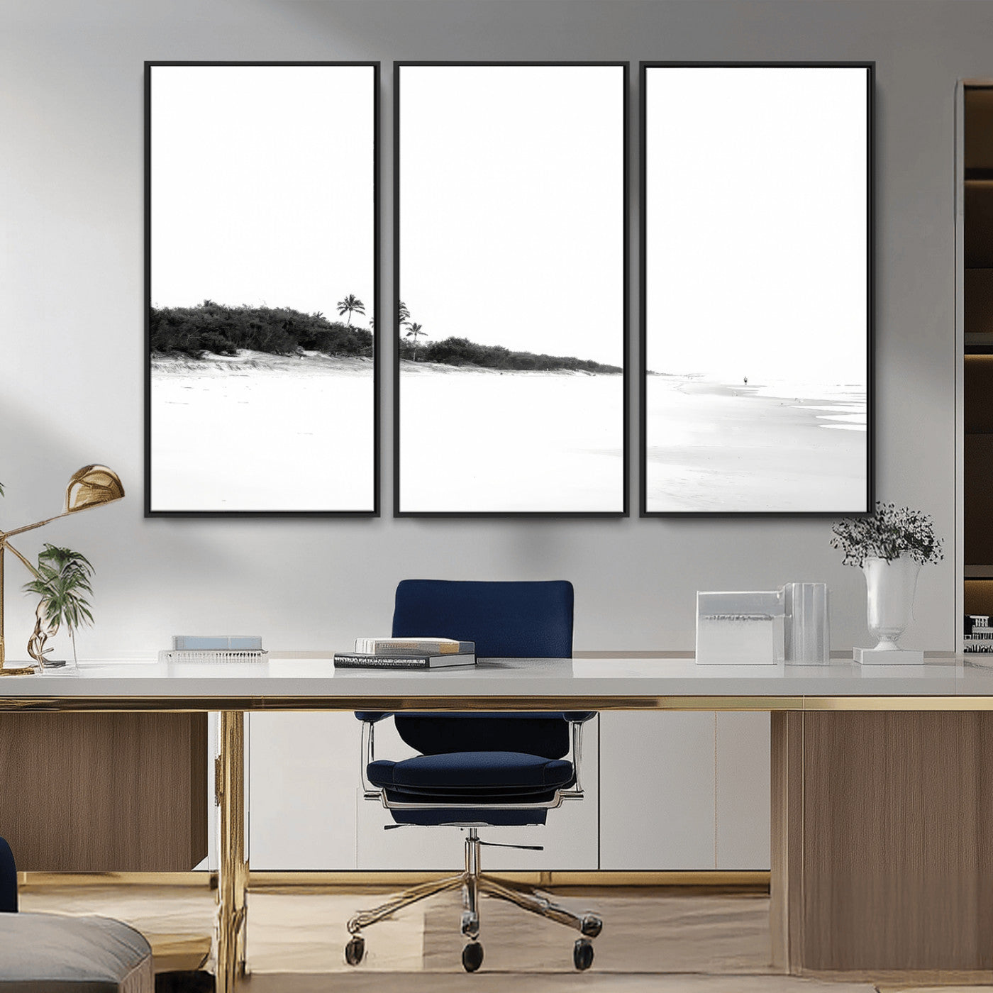 29611516-MGV-CV-36X24-Black White Beach Wall Art Canvas Print, Framed Palm Trees Art Picture Print, Monochrome Tropical Perfect Minimalist Coastal Decor