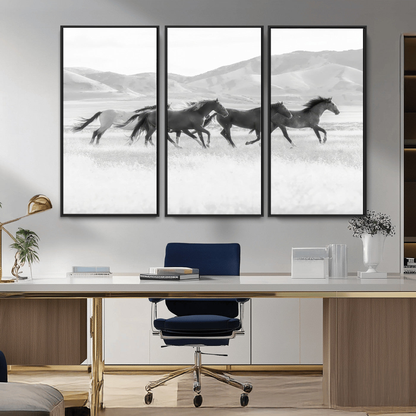 69934913-MGV-CV-36X24-Wild Horses Running Wall Art Canvas Print, Framed Black White Mustangs Art Picture Print, Rustic Western Perfect Rustic Western