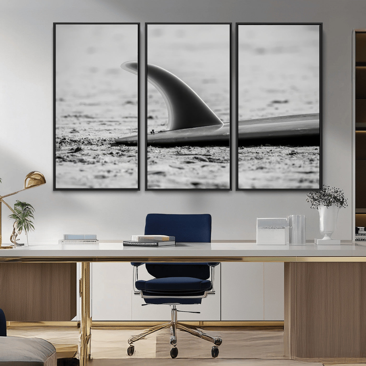 62314230-MGV-CV-36X24-Black White Surfboard Wall Art Canvas Print, Framed Minimalist Beach Art Picture Print, Surf Fin Perfect Minimalist Coastal Decor