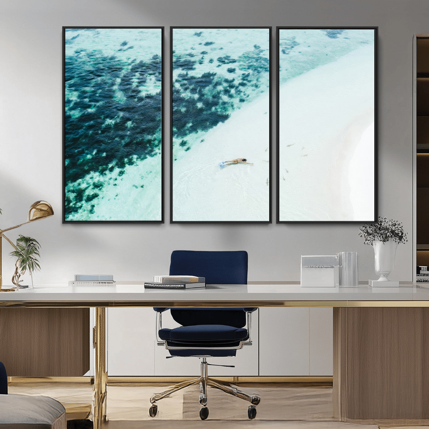 33764764-MGV-CV-36X24-Minimal Beach Wall Art Canvas Print, Framed Ocean Swimming Art Picture Print, Clear Ocean Perfect Minimal Coastal Decor Artwork