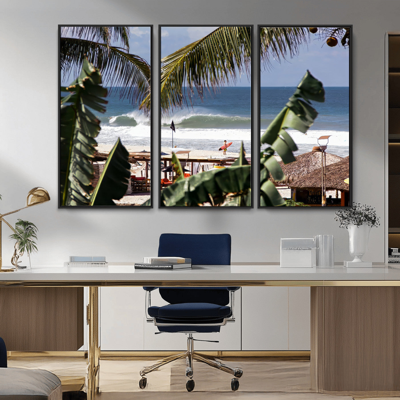 34722557-MGV-CV-36X24-Tropical Shoreline Wall Art Canvas Print, Framed Surfer Beach Art Picture Print, Coastal Surf Perfect Tropical Coastal Decor