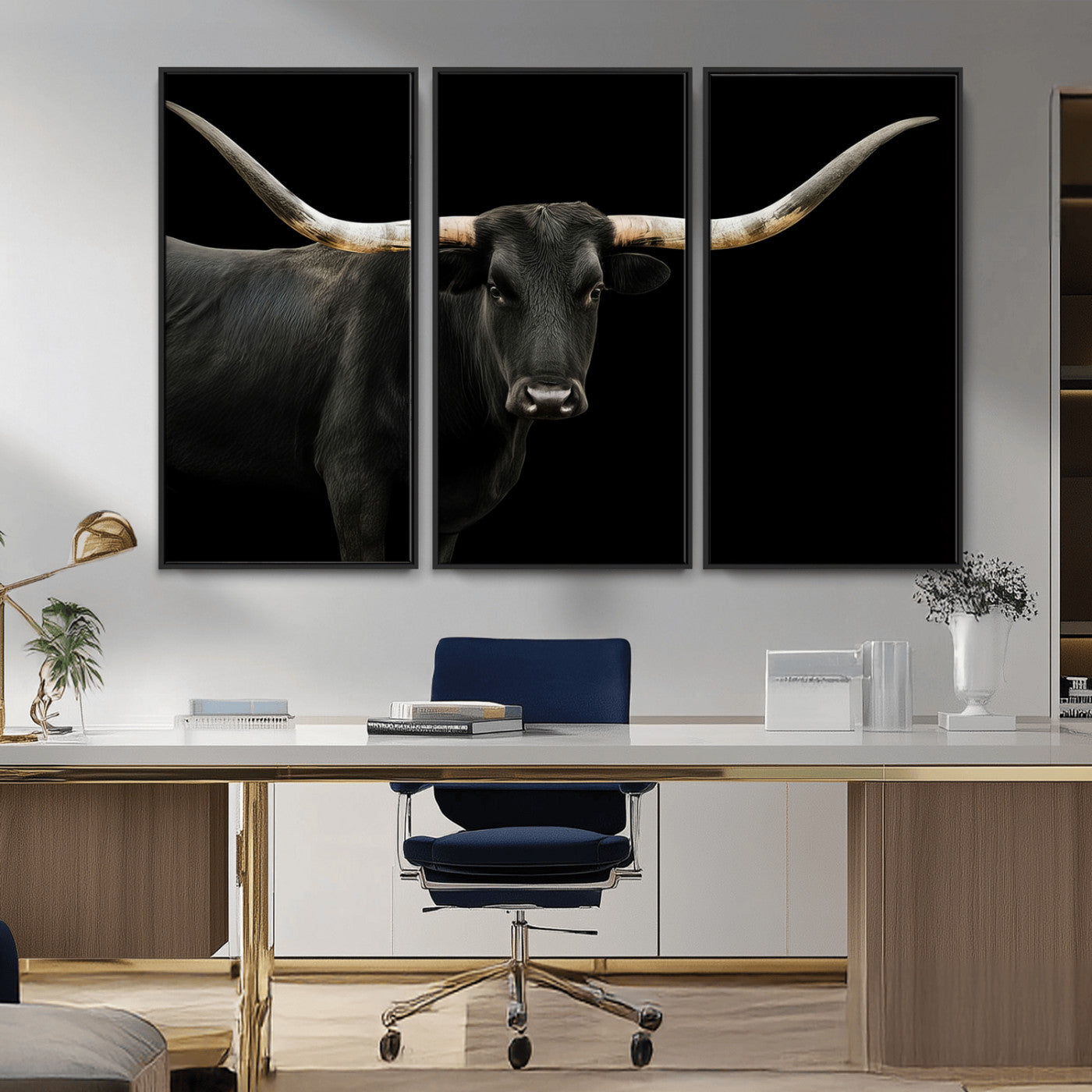 99448328-MGV-CV-36X24-Longhorn Cattle Wall Art Canvas Print, Framed Texas Ranch Art Picture Print, Western Cow Perfect Farmhouse Decor Artwork