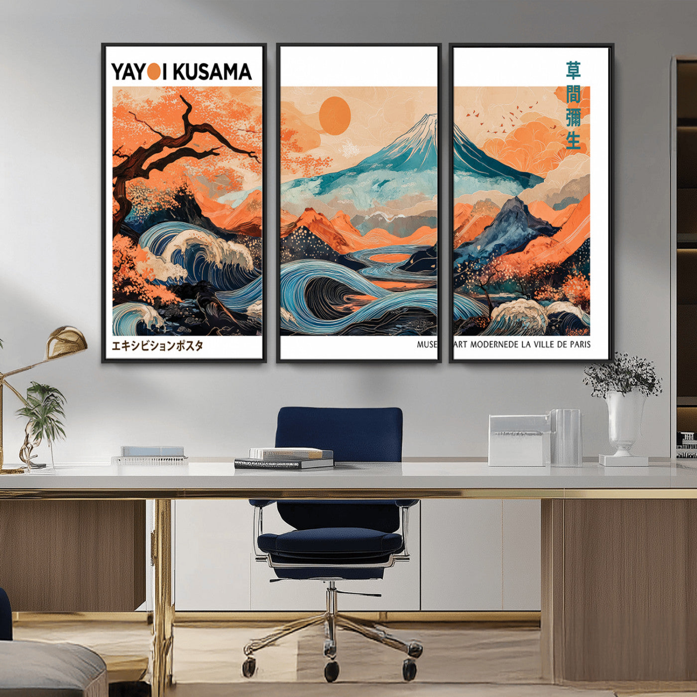 88785870-MGV-FC-48X32-3P_Black-Japanese Great Wave & Mt Fuji Wall Art – Ukiyo e Style Landscape Print with Flowing River, Autumn Mountain Poster, Oriental Asian