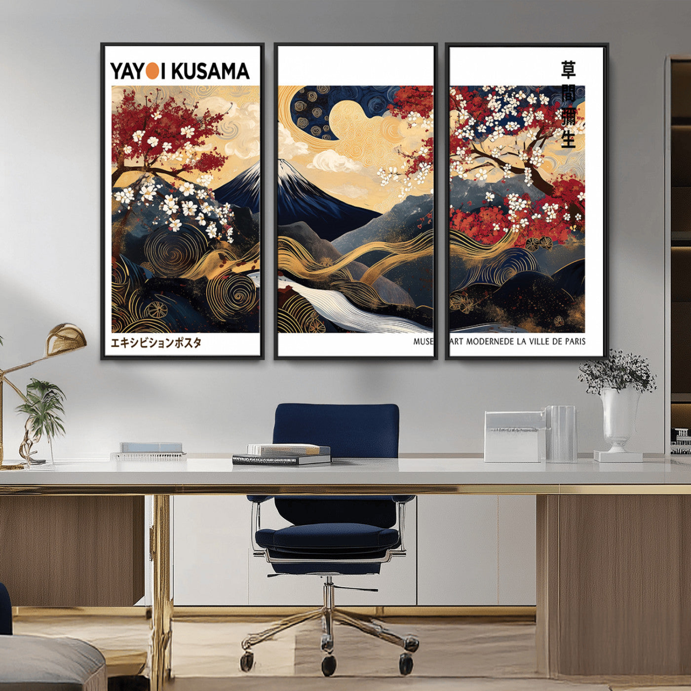 66243961-MGV-FC-48X32-3P_Black-Mount Fuji Japanese Wall Art – Golden Abstract Landscape Canvas Print, Cherry Blossom Painting, Modern Oriental Zen Home Decor