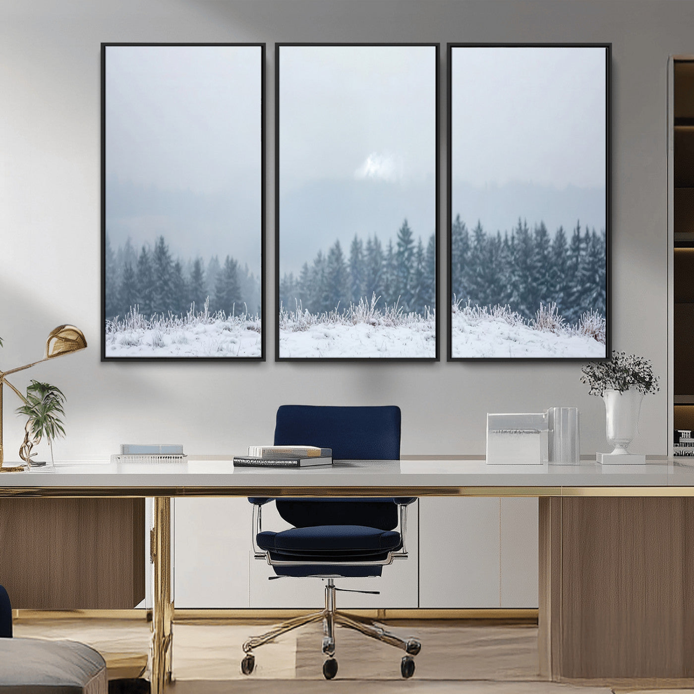 33033082-MGV-CV-36X24-Winter Forest Art Wall Art Canvas Print, Framed Snowy Landscape Art Picture Print, Misty Tree Scene Perfect Nordic Minimalist