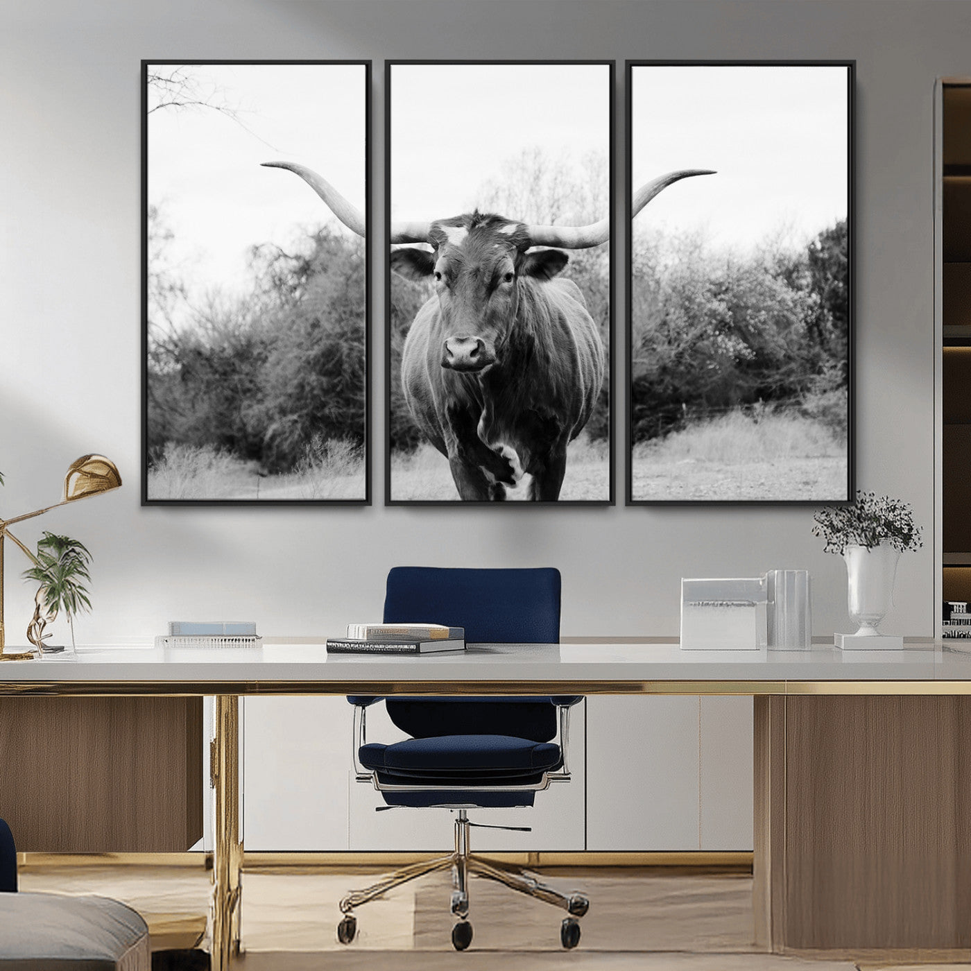 97280319-MGV-CV-36X24-Longhorn Photography Wall Art Canvas Print, Framed Western Cow Decor Art Picture Print, Texas Ranch Style Perfect Rustic Farmhouse