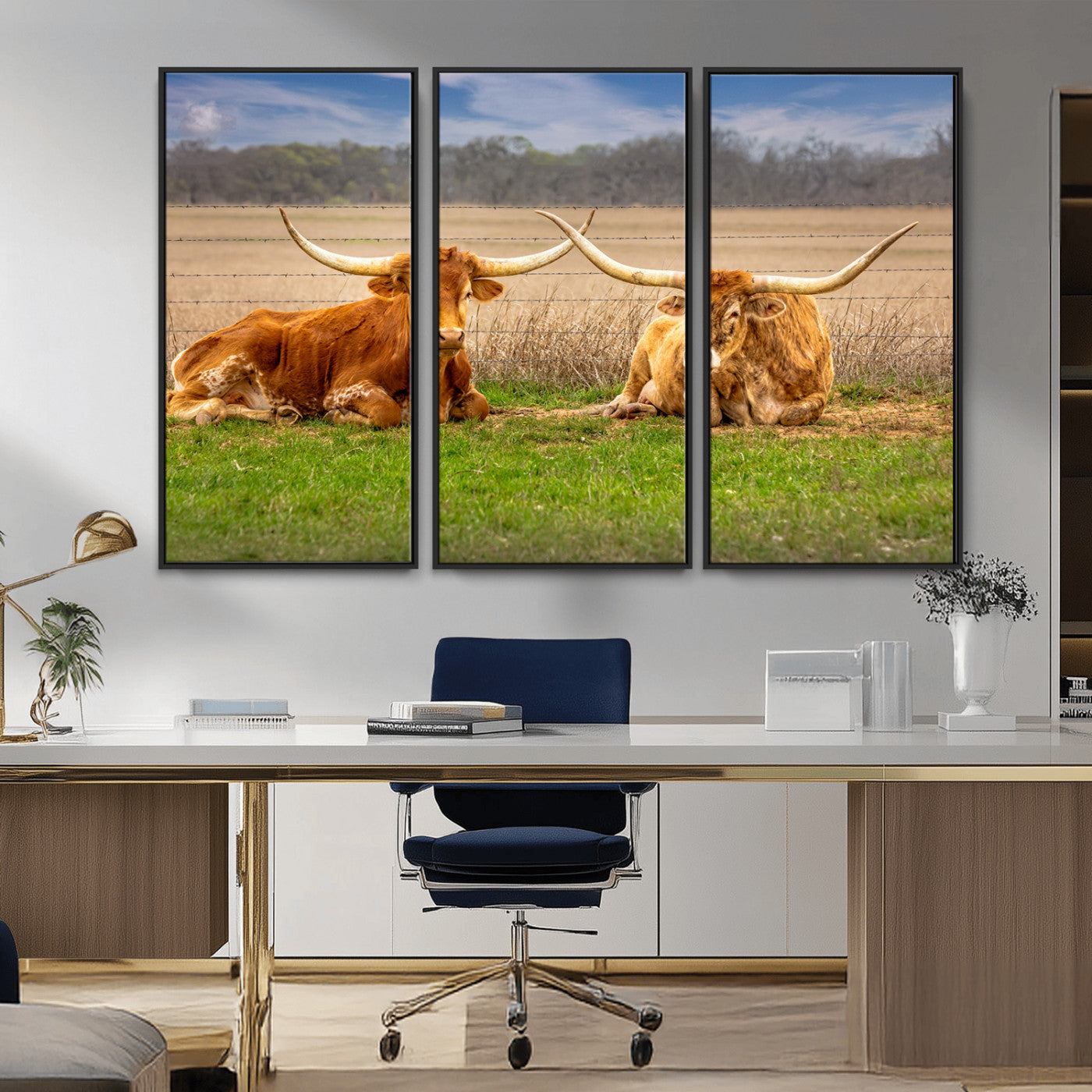 97244565-MGV-CV-36X24-Longhorn Duo Wall Art Canvas Print, Framed Cozy Ranch Vibes Art Picture Print, Western Ranch Decor Perfect Rustic Farmhouse Decor