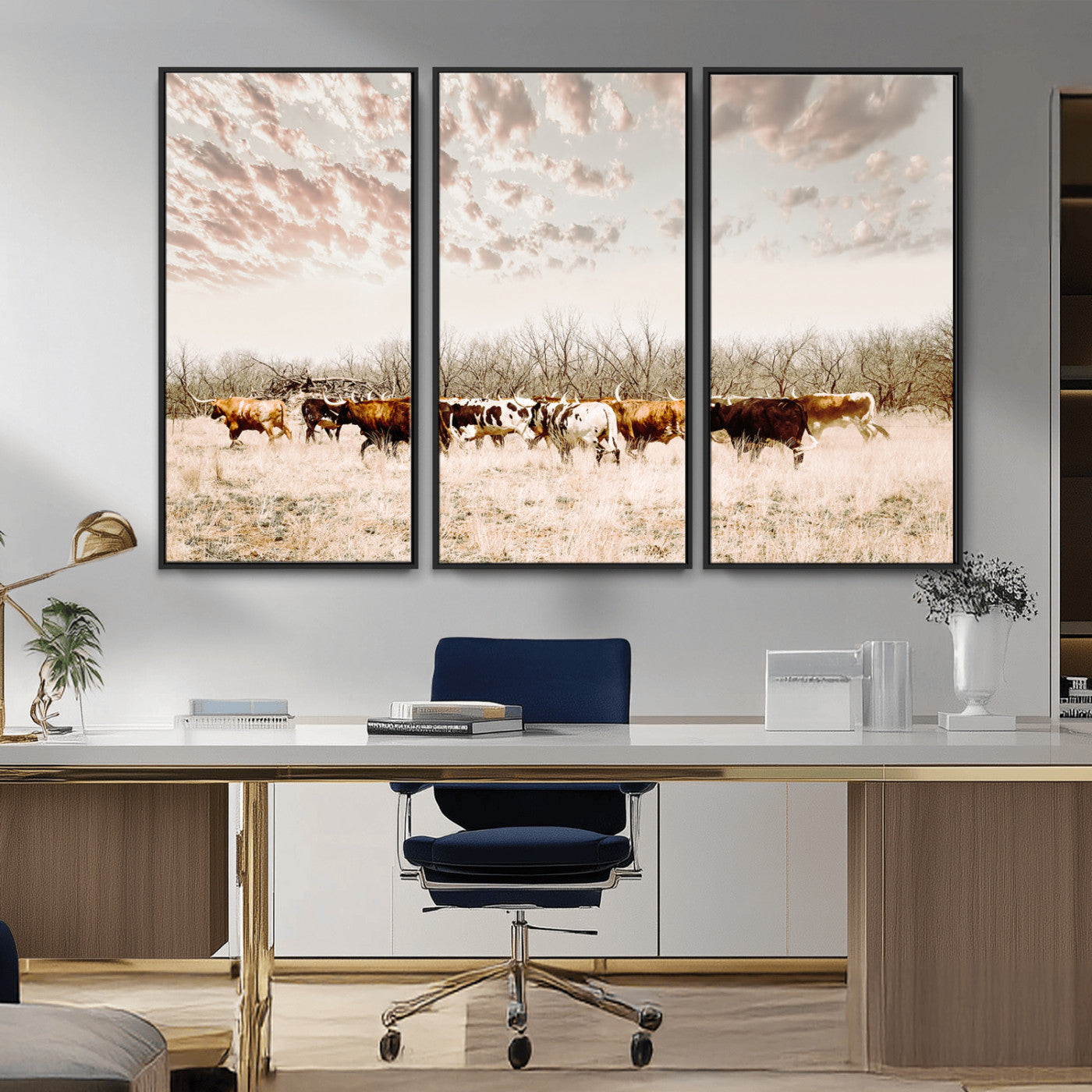 57389417-MGV-FC-48X32-3P_Black-Cow Herd Photography Wall Art Canvas Print, Framed Rustic Farmhouse Decor Art Picture Print, Western Ranch Style Perfect Rustic