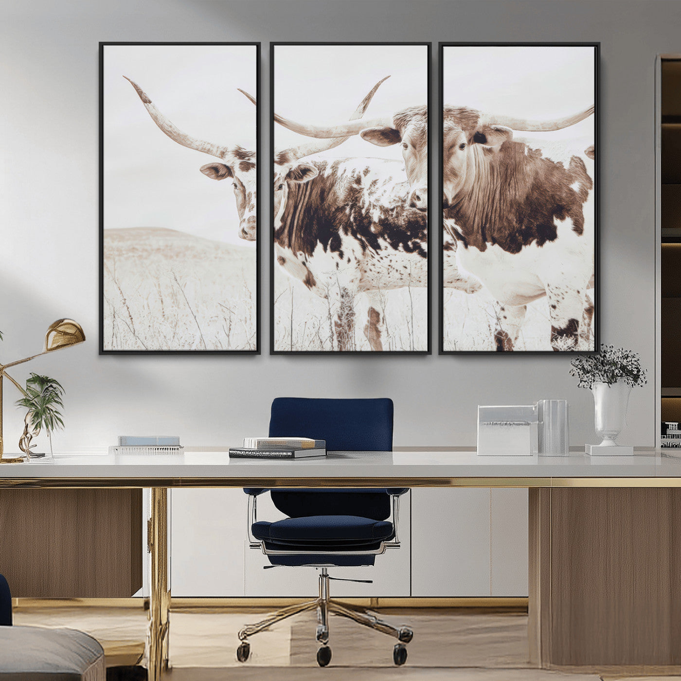 48161868-MGV-CV-36X24-Longhorn Cow Decor Wall Art Canvas Print, Framed Rustic Cattle Art Picture Print, Sepia Western Vibe Perfect Neutral Rustic