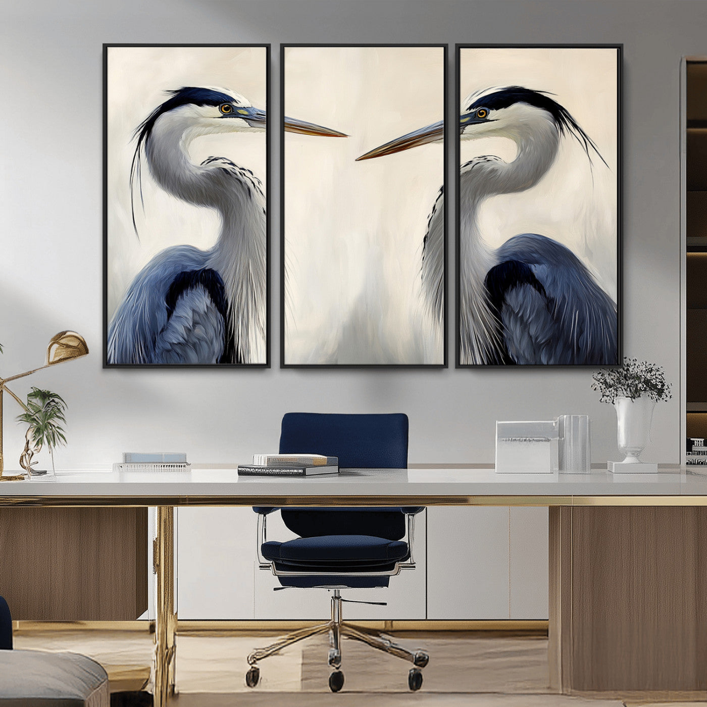 18230556-MGV-FC-48X32-3P_Black-Blue Heron Pair Wall Art Canvas Print, Framed Coastal Bird Theme Art Picture Print, Tranquil Wildlife Scene Perfect Coastal