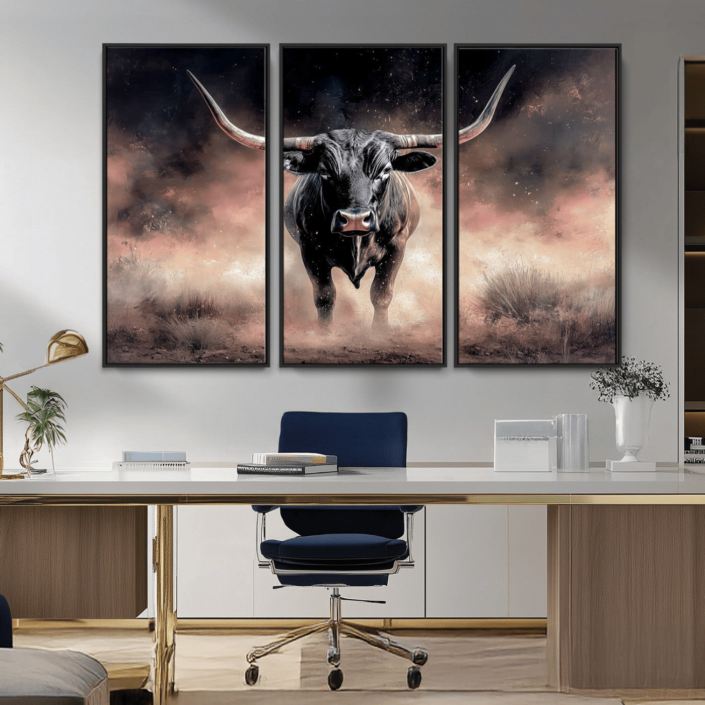 71457818-MGV-CV-36X24-Longhorn Wall Art Wall Art Canvas Print, Framed Western Bull Canvas Art Picture Print, Rustic Cow Decor Perfect Western Dramatic