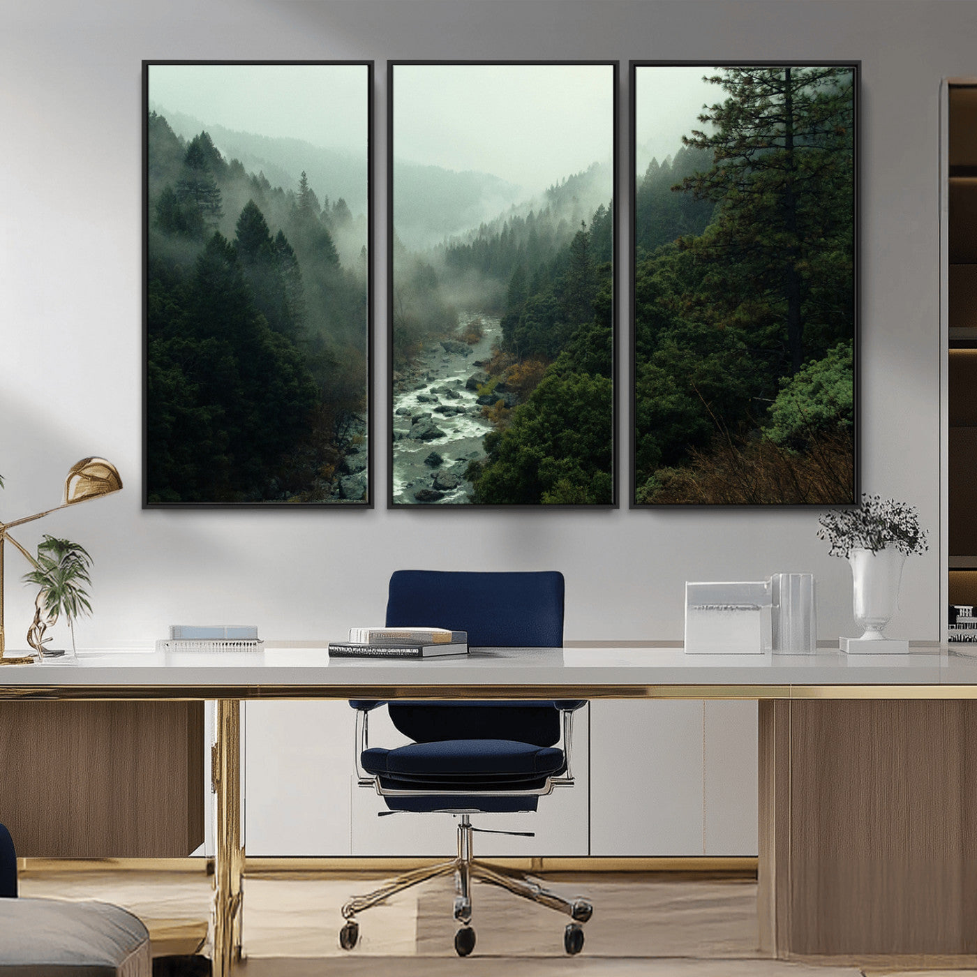 48497565-MGV-FC-48X32-3P_Black-Misty Forest Wall Art Canvas Print, Framed Foggy River Art Picture Print, Moody Landscape Perfect Moody Wilderness Decor Artwork