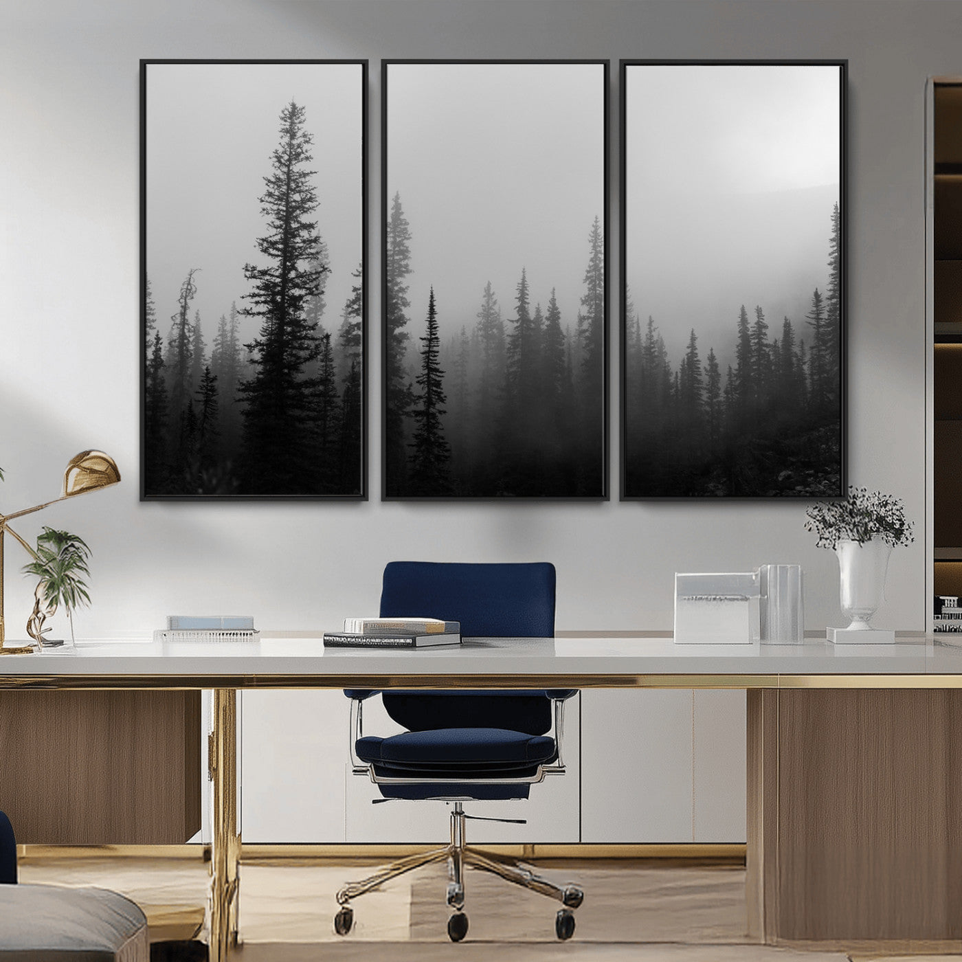 73138900-MGV-FC-48X32-3P_Black-Misty Pines Wall Art Canvas Print, Framed Woodland Photography Art Picture Print, Minimalist Decor Perfect Modern Rustic Decor