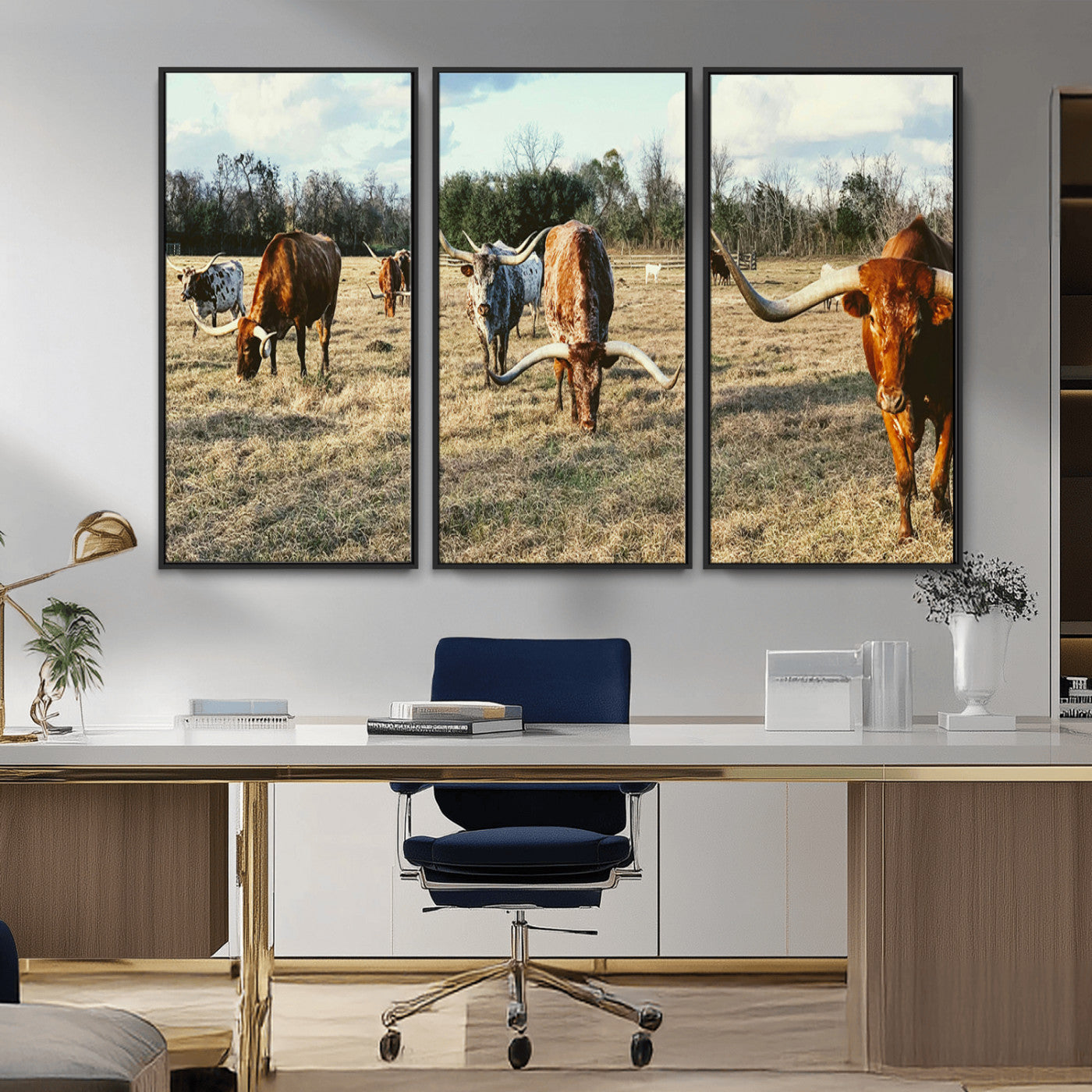 39144651-MGV-FC-48X32-3P_Black-Texas Longhorns Wall Art Canvas Print, Framed Rustic Farm Scene Art Picture Print, Western Cattle Perfect Rustic Farmhouse Decor