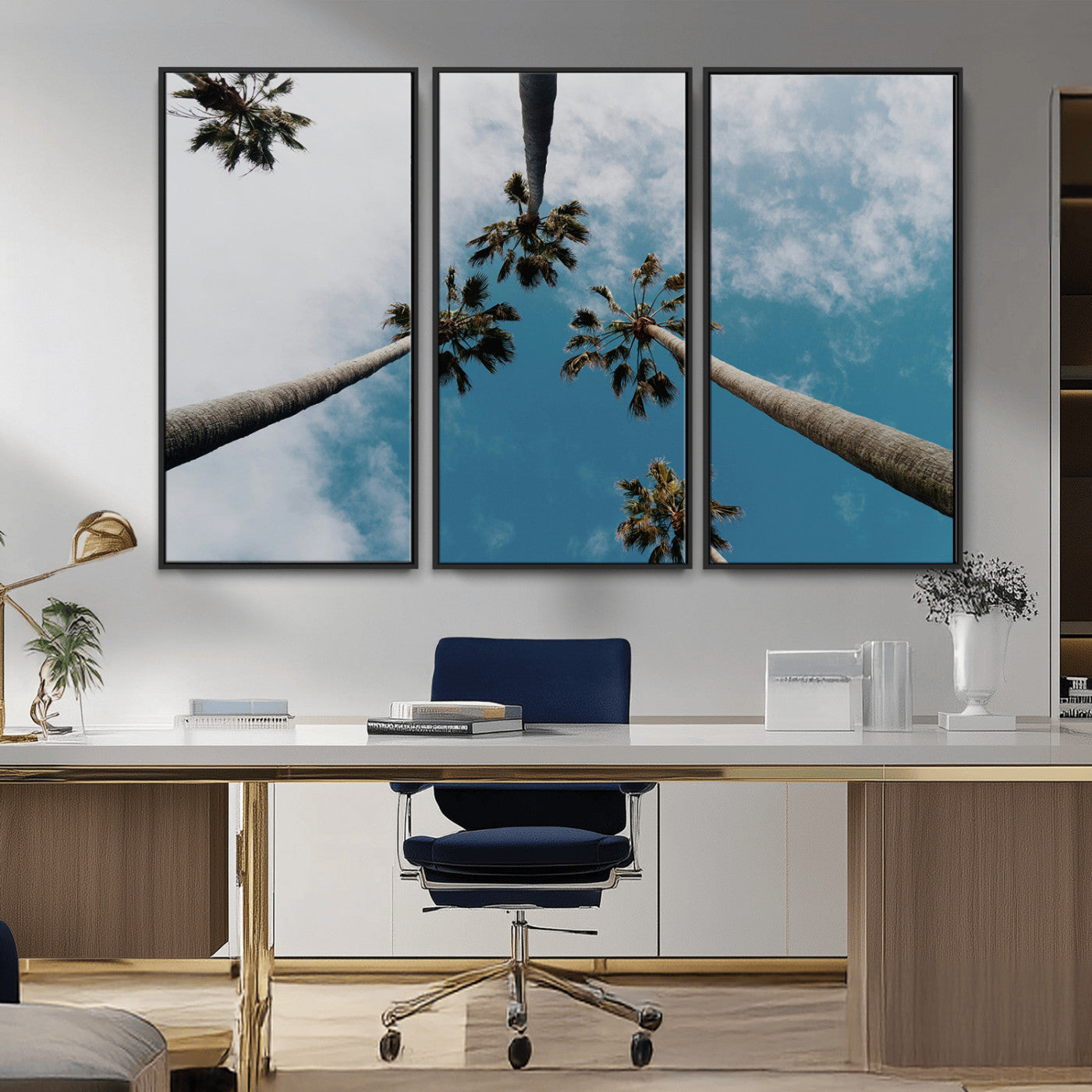 45236398-MGV-CV-36X24-Tropical Palm Trees Wall Art Canvas Print, Framed California Sky Art Picture Print, Minimalist Nature Perfect Coastal Minimalist