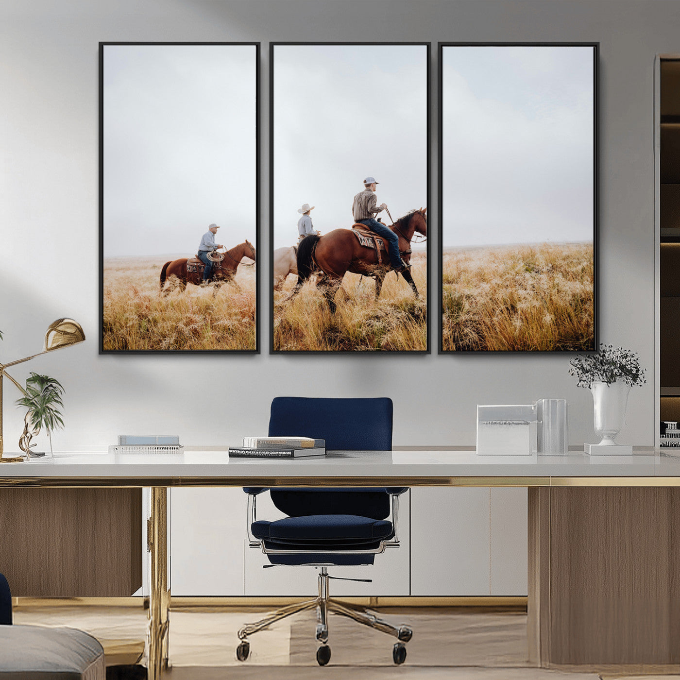 94723307-MGV-FC-48X32-3P_Black-Western Cowboys Wall Art Canvas Print, Framed Rustic Prairie Art Picture Print, Horseback Riding Perfect Rustic Western Decor