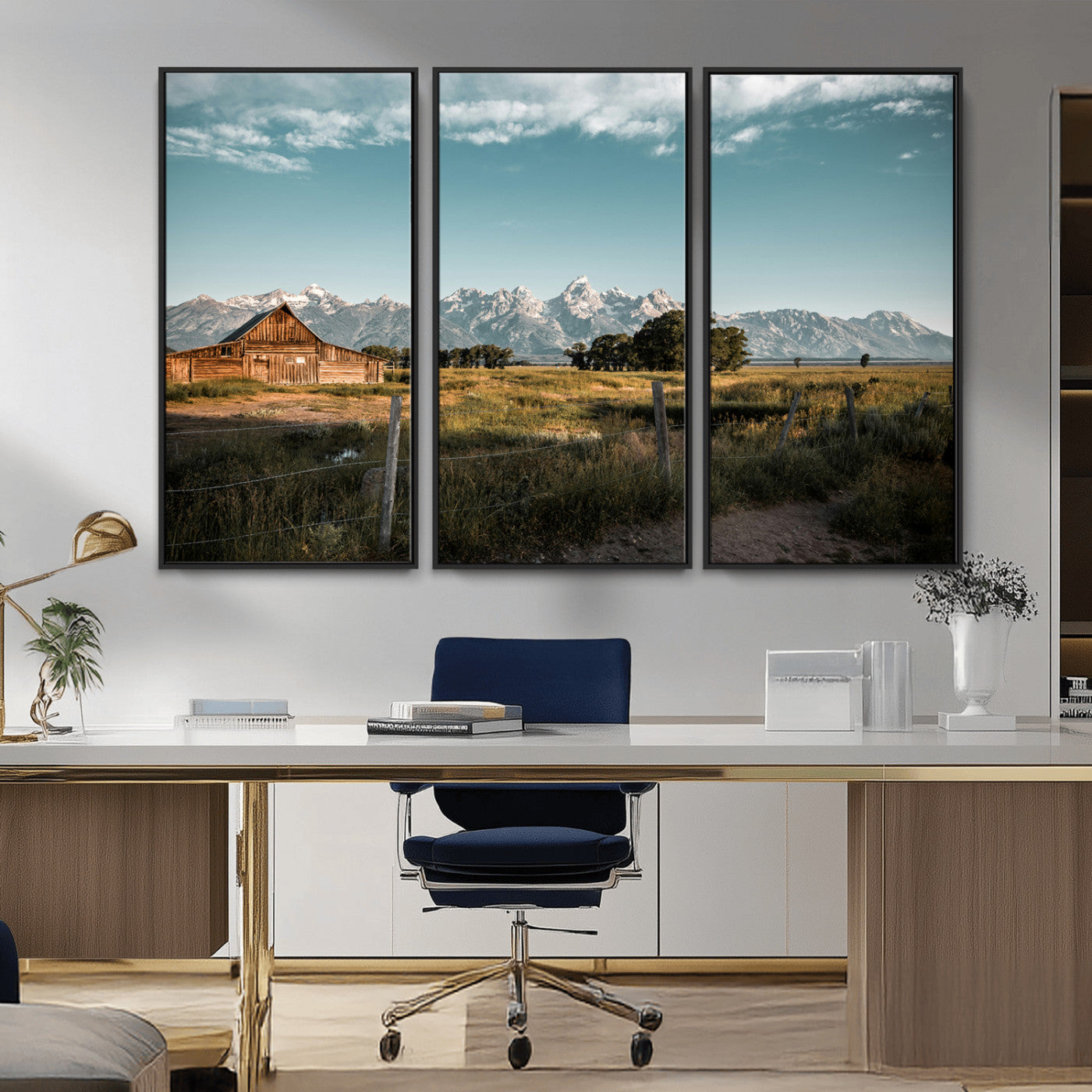 92497443-MGV-FC-48X32-3P_Black-Rustic Farmhouse Wall Art Canvas Print, Framed Mountain Cabin Art Picture Print, Western Landscape Perfect Rustic Farmhouse Decor