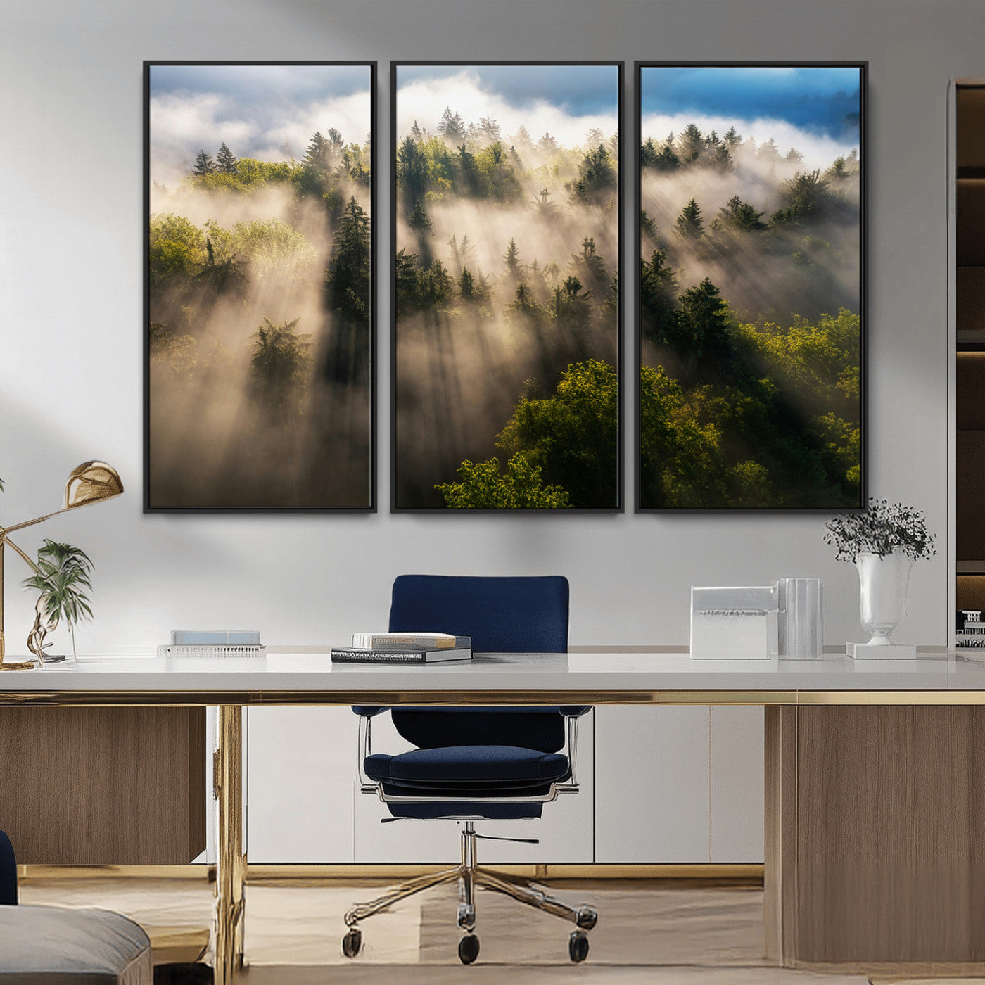 14785710-MGV-FC-48X32-3P_Black-Tranquil Forest Scene Wall Art Canvas Print, Framed Sunbeam Through Trees Art Picture Print, Moody Green Wall Art Perfect