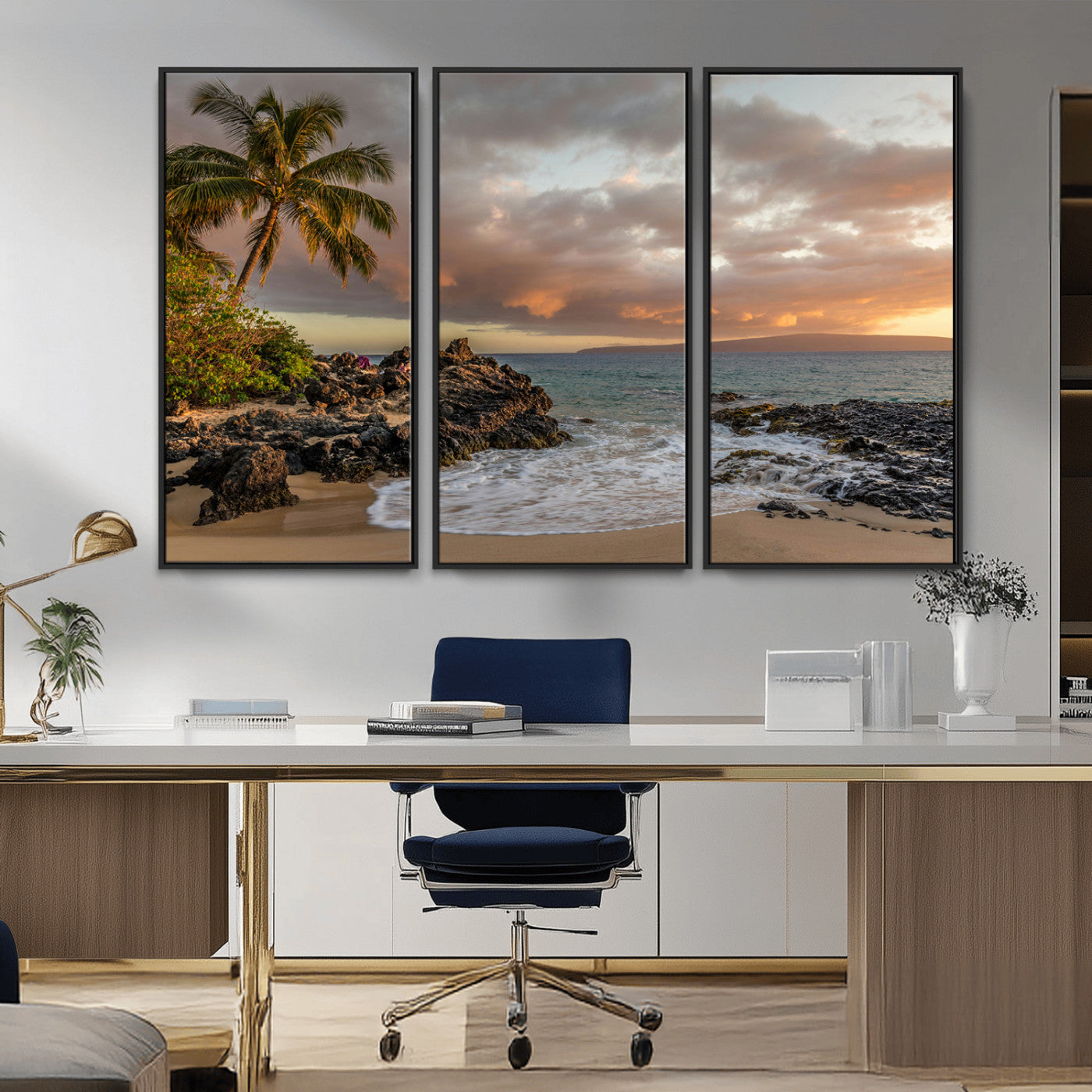 55108220-MGV-CV-36X24-Tropical Beach Wall Art Canvas Print, Framed Hawaiian Sunset Art Picture Print, Ocean Waves Perfect Coastal Tropical Decor Artwork