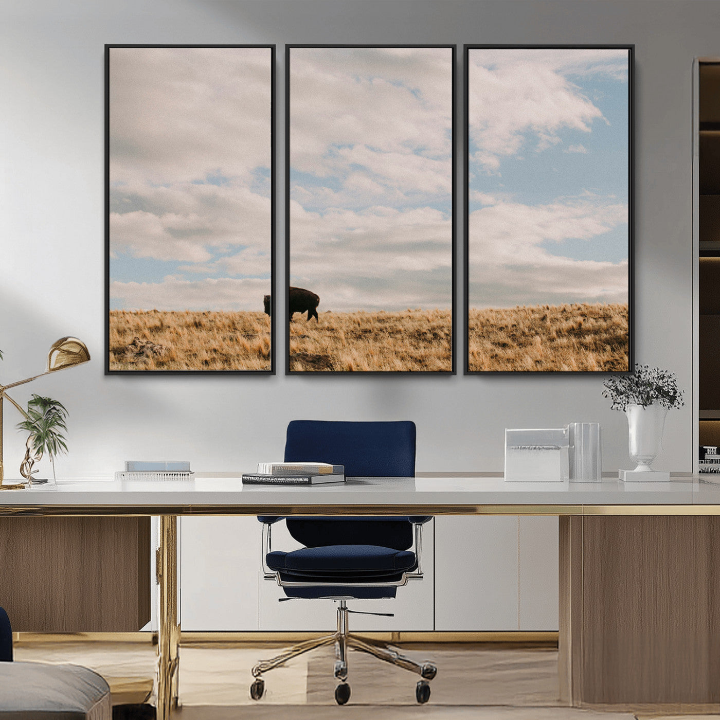 22754563-MGV-CV-36X24-Earthy Tones Wall Art Canvas Print, Framed Rustic Nature Art Picture Print, Solitary Buffalo Perfect Western Minimalist Decor