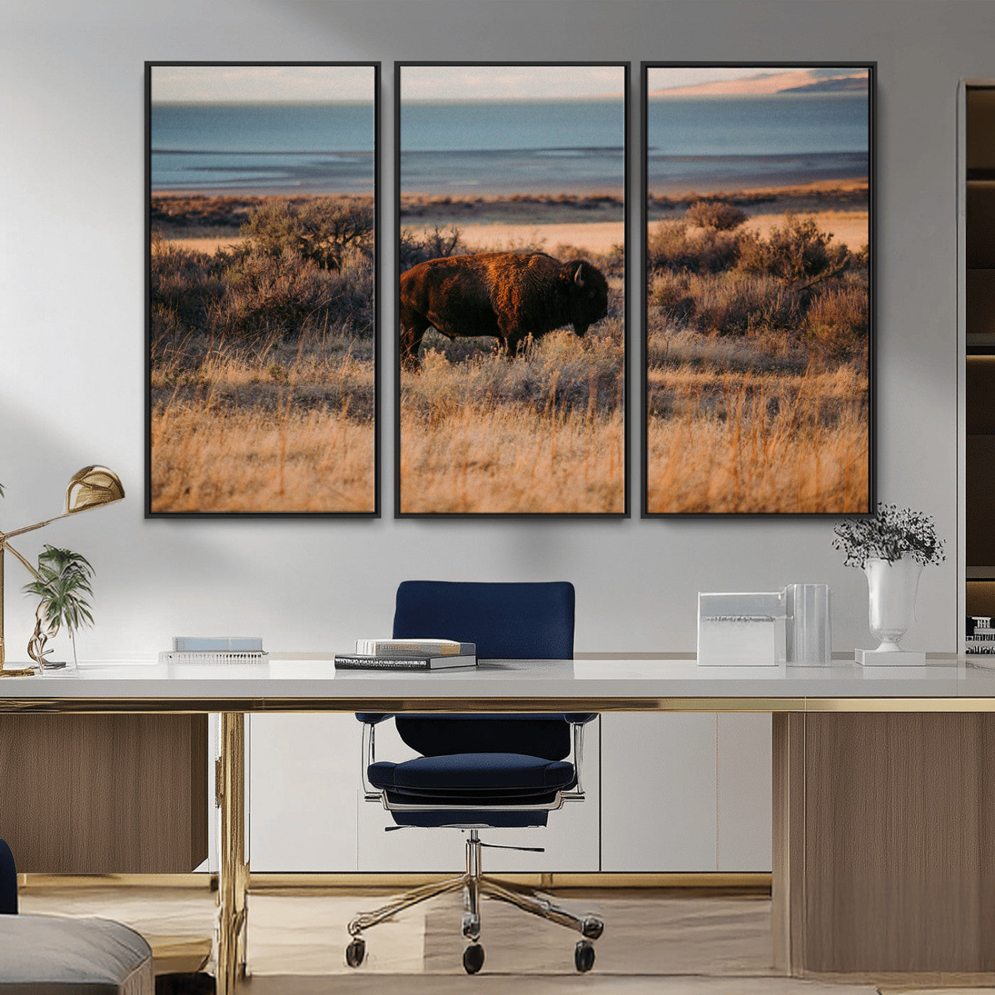 39509187-MGV-CV-36X24-Western Wildlife Wall Art Canvas Print, Framed Bison Art Picture Print, Golden Hour Perfect Western Rustic Decor Artwork
