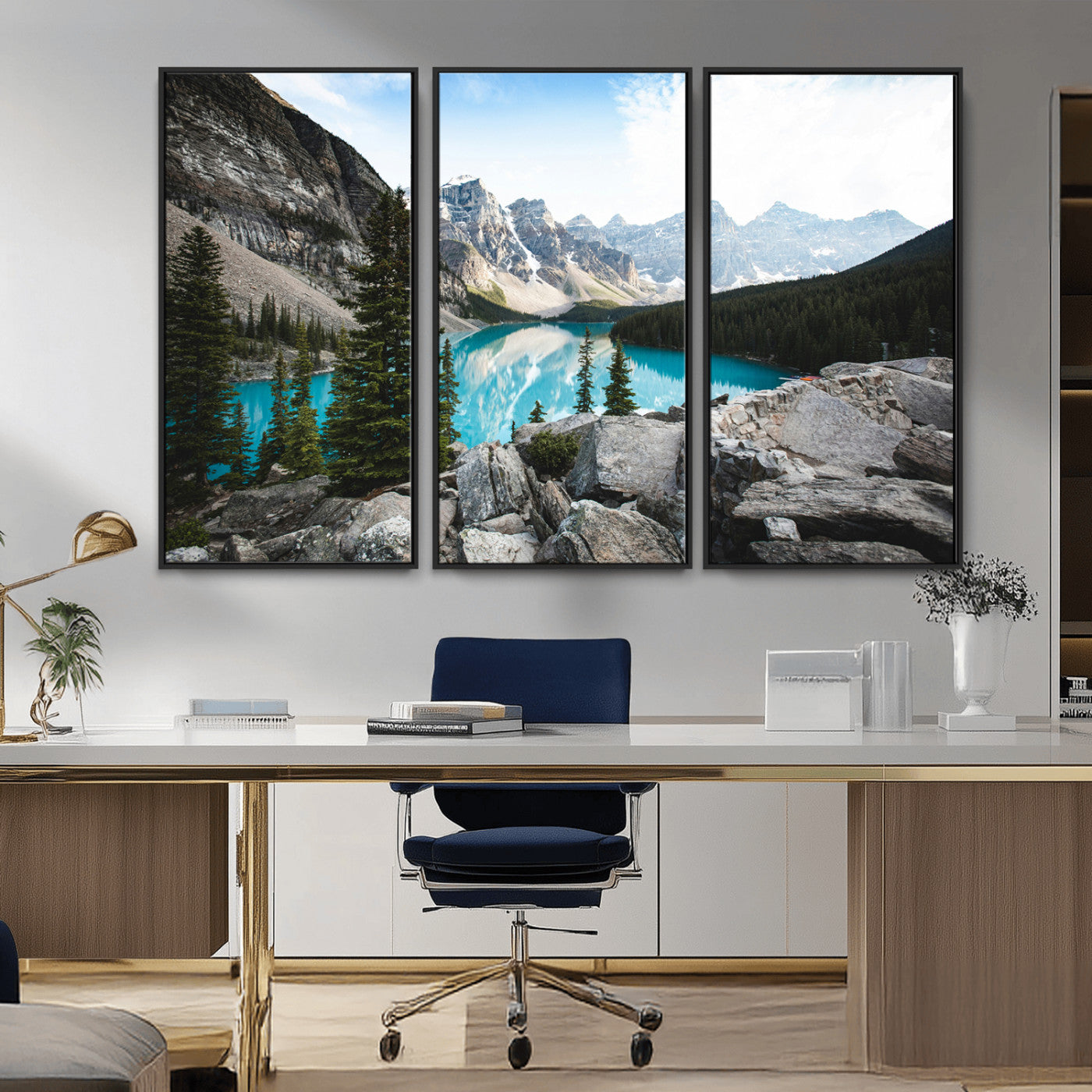 98014896-MGV-FC-48X32-3P_Black-Canadian Rockies Wall Art Canvas Print, Framed Mountain Landscape Art Picture Print, Turquoise Water Perfect Scandinavian