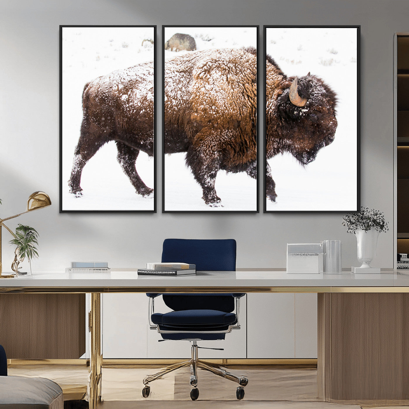 94261165-MGV-CV-36X24-Snowy Buffalo Wall Art Canvas Print, Framed Wildlife Photography Art Picture Print, Brown Tones Perfect Rustic Lodge Decor Decor