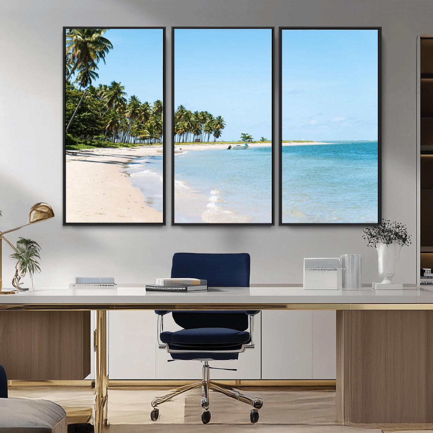 37858872-MGV-CV-36X24-Palm Tree Coast Wall Art Canvas Print, Framed Island Getaway Art Picture Print, Crystal Blue Water Perfect Tropical Coastal Decor