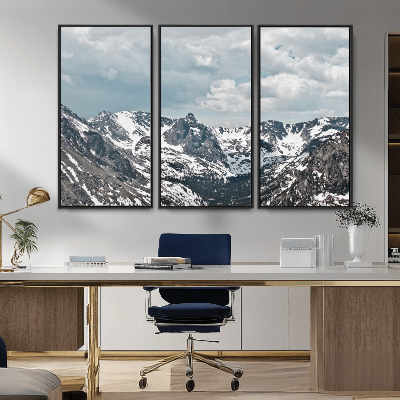 94074619-MGV-FC-48X32-3P_Black-Snowy Peaks Wall Art Canvas Print, Framed Alpine Wilderness Art Picture Print, Mountain Escape Perfect Winter Serenity Decor