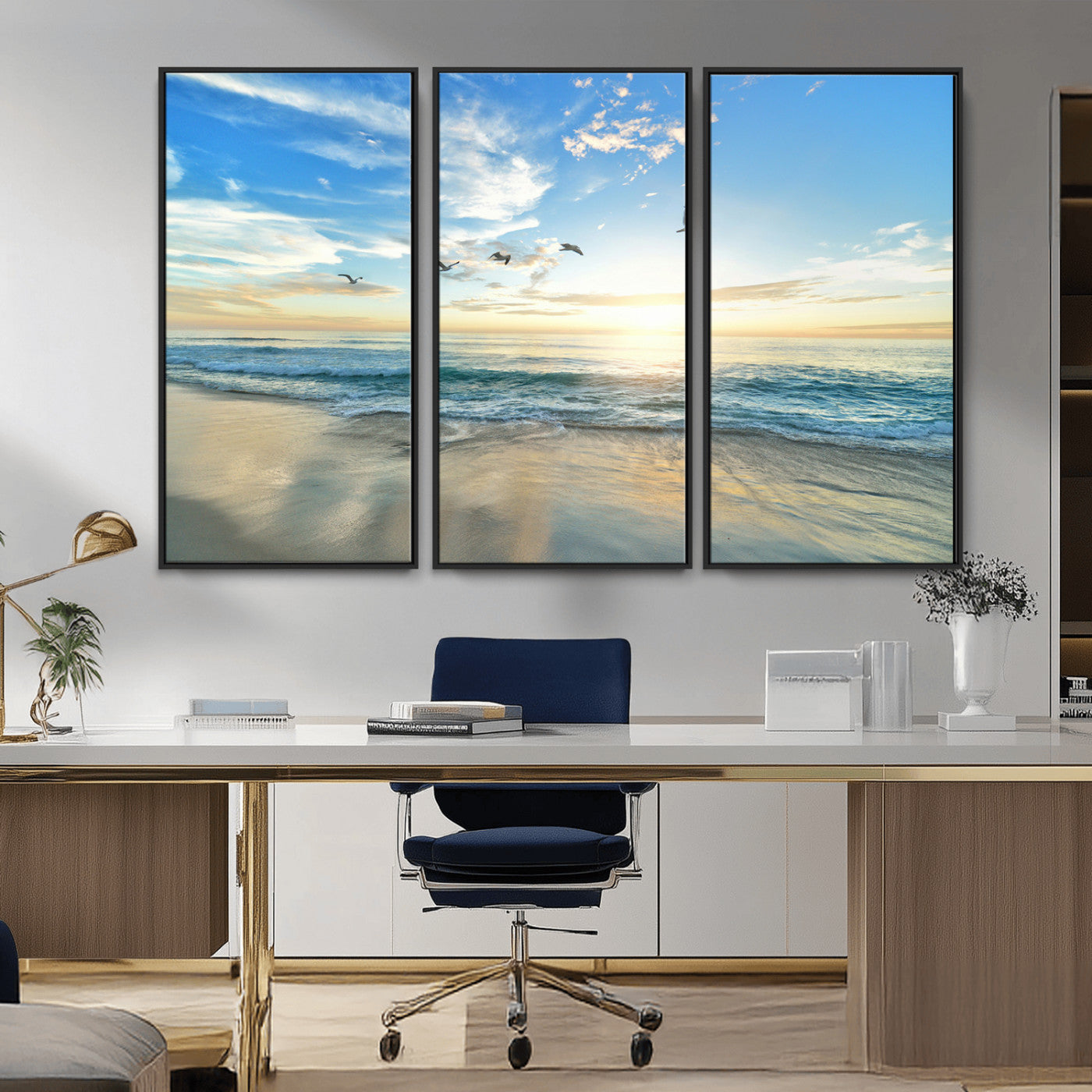 20708696-MGV-CV-36X24-Minimalist Seaside Wall Art Canvas Print, Framed Morning Glow Art Picture Print, Golden Reflections Perfect Coastal Minimalist